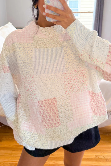 Multicolour Floral Patchwork Quilted Mock Neck Long Sleeve Top