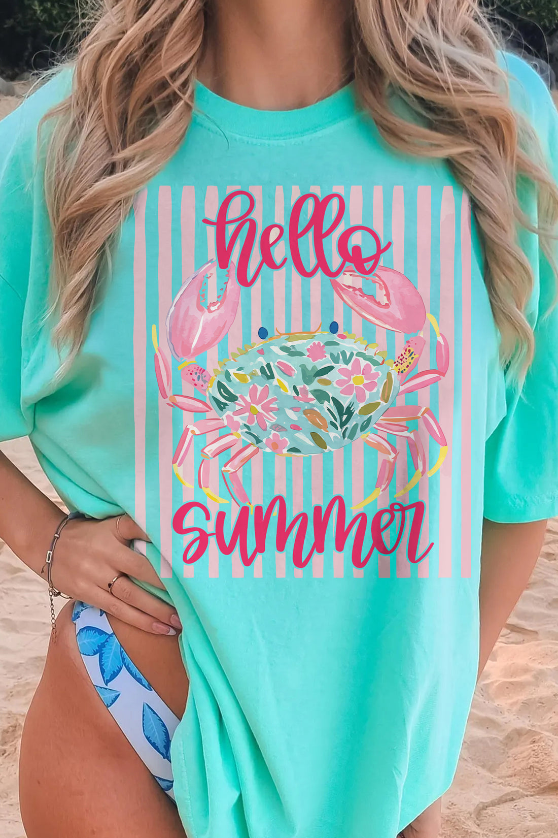 Mint Green Hello Summer Crab Print Loose Fit Short Sleeve T-Shirt