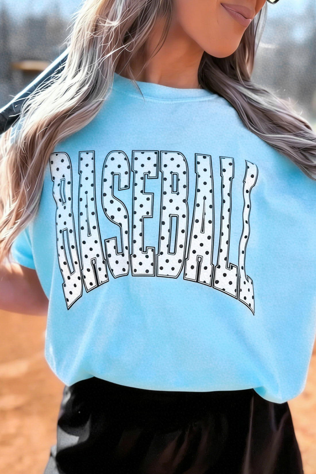 Light Blue BASEBALL Polka Dot Lettering Print T Shirt