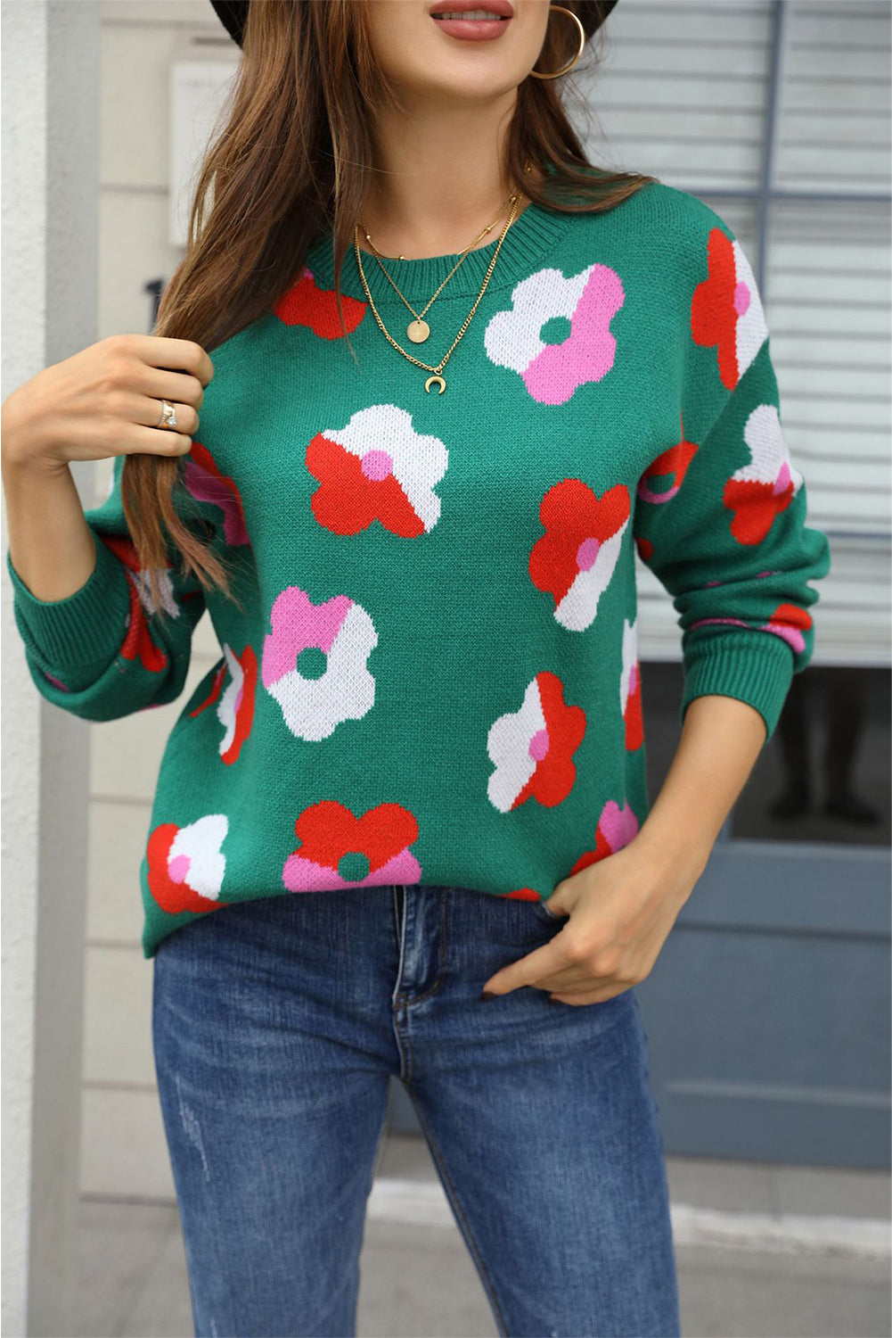 Green Color Block Flower Cute Pattern Drop Shoulder Bulk Sweater