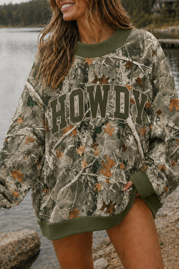 Green Western Camo Print Baggy Pullover Sweatshirt