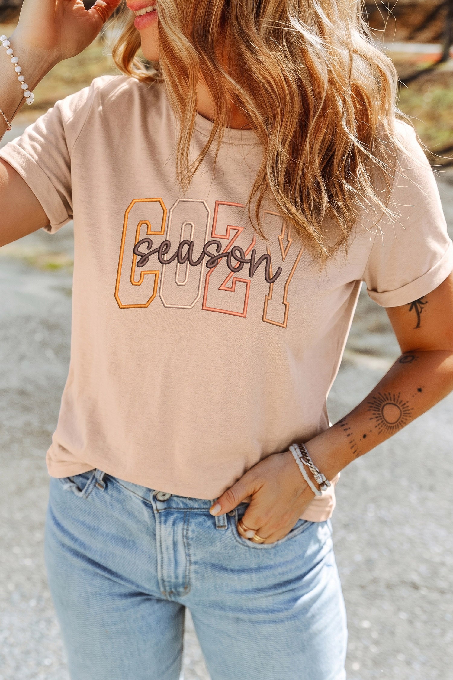 Khaki Embroidered Slogan Short Sleeve Graphic Tee
