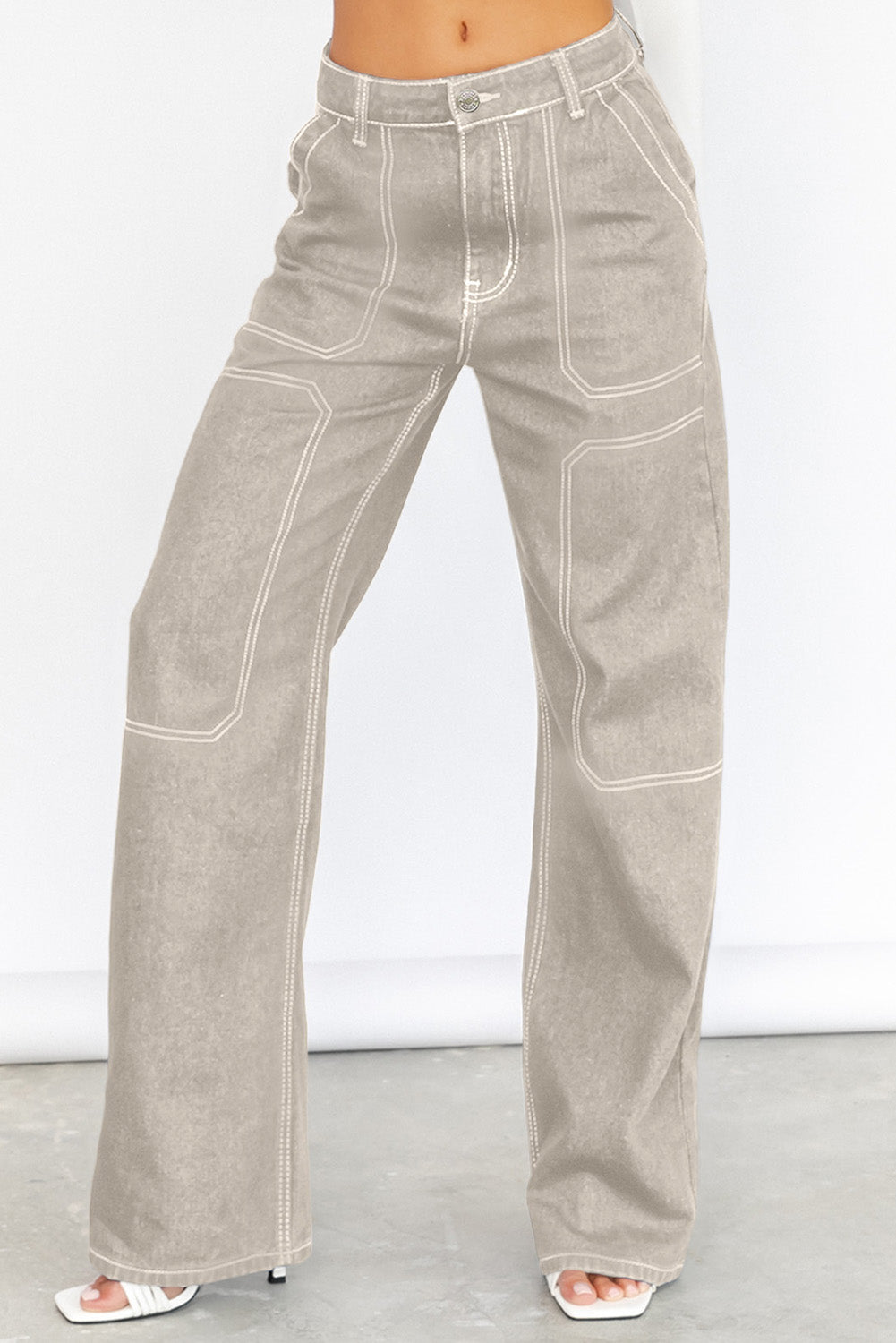 Apricot Contrast Stitching Multi Pockets Loose Jeans
