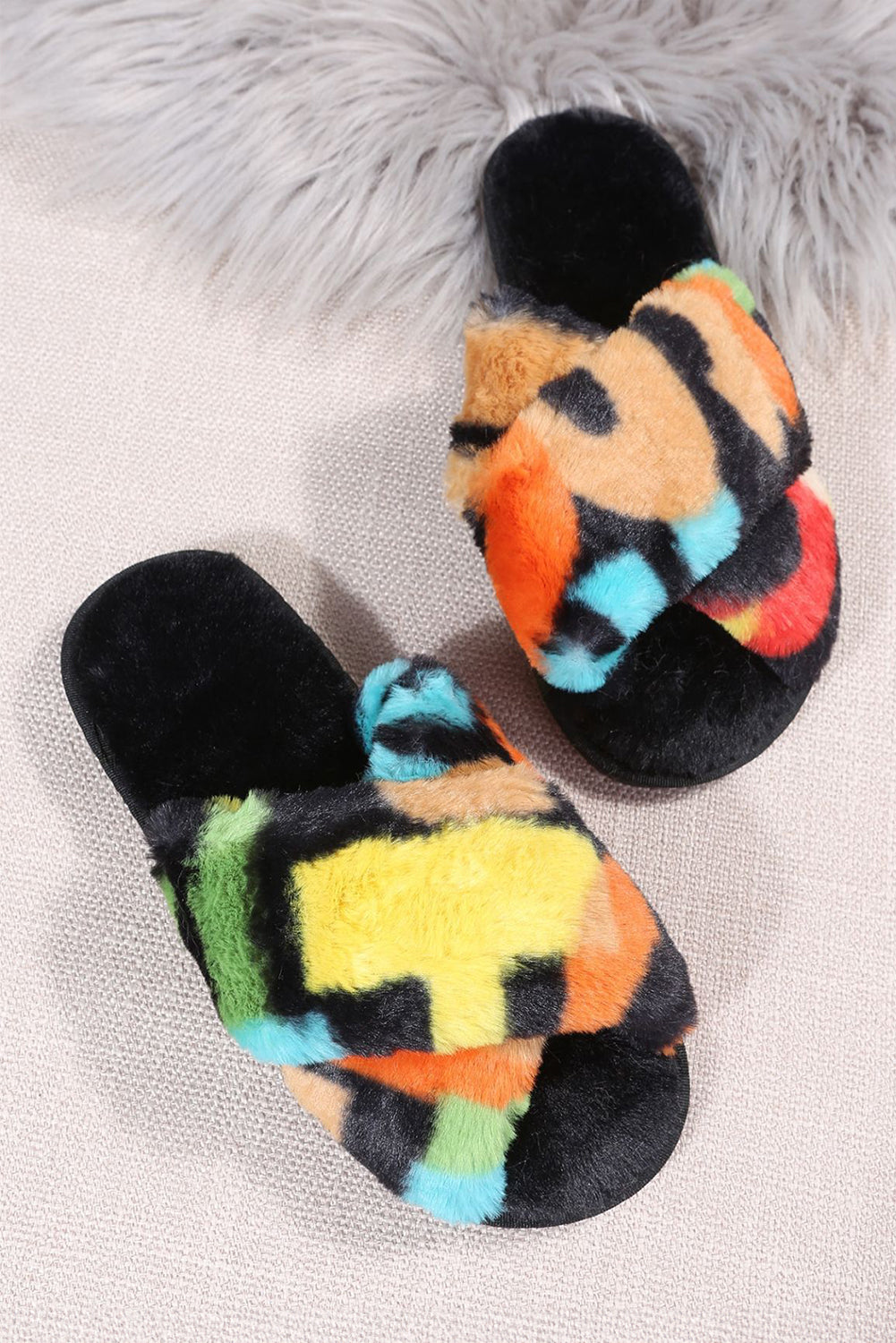 Black Plush Color Block Cross Strap Home Slippers