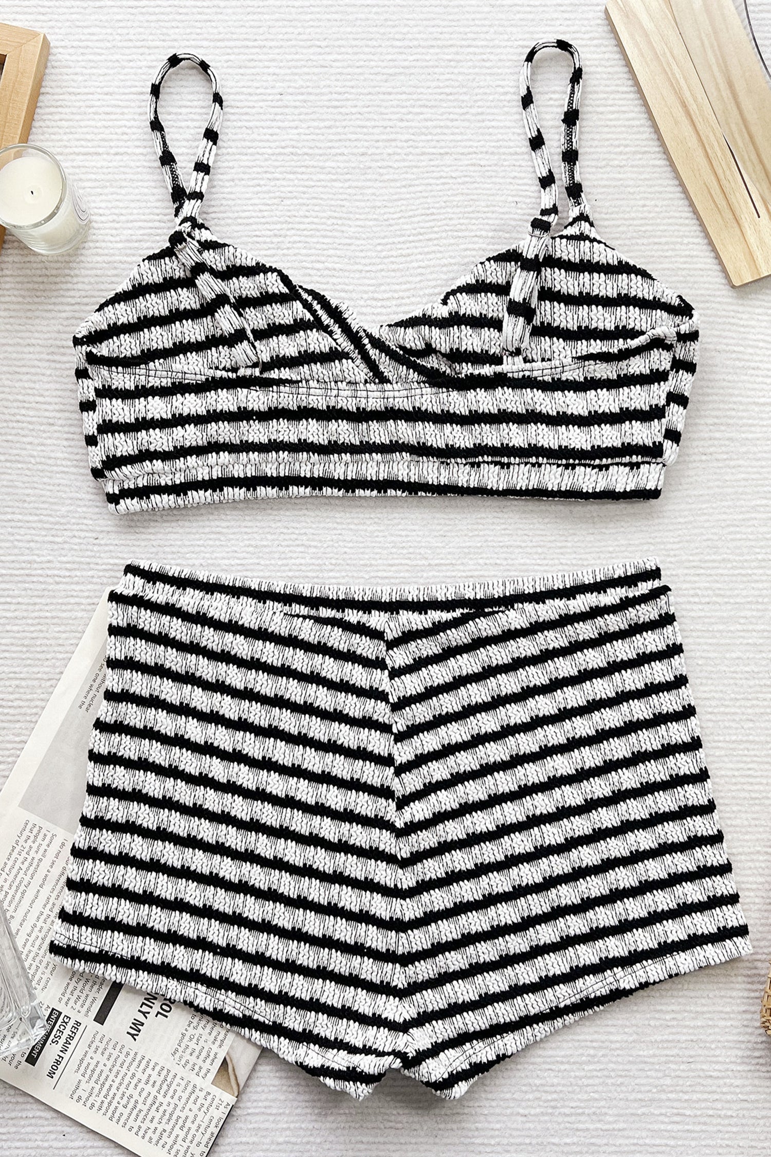 Black Stripe Textured Knit Twisted Bikini High Waist Shorts 2pcs Swimsuit