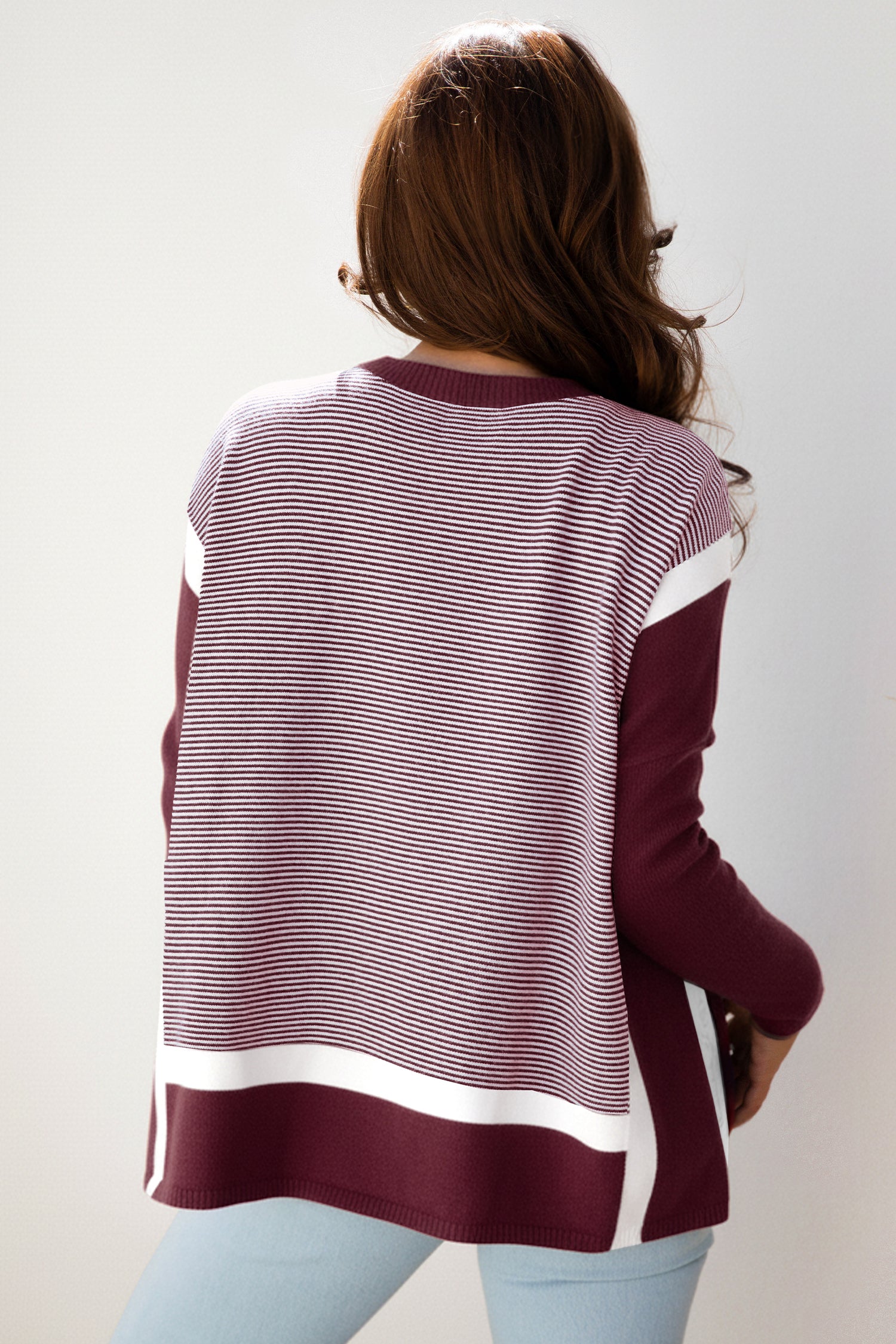 Red Stripe Color Block Patchwork Dolman Oversize Tunic Sweater