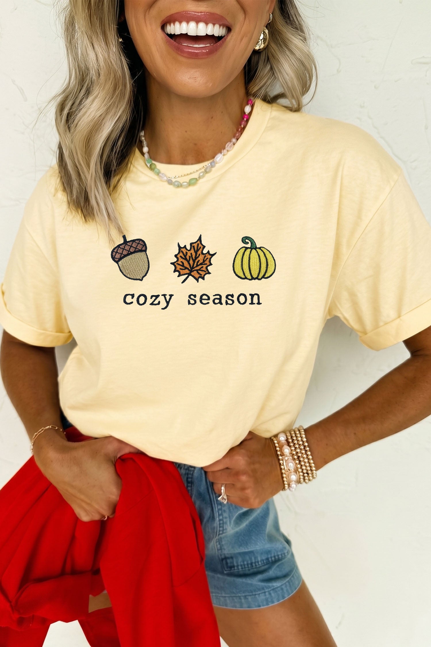 Yellow Cream Embroidered Cozy Season Short Sleeve Casual T Shirt