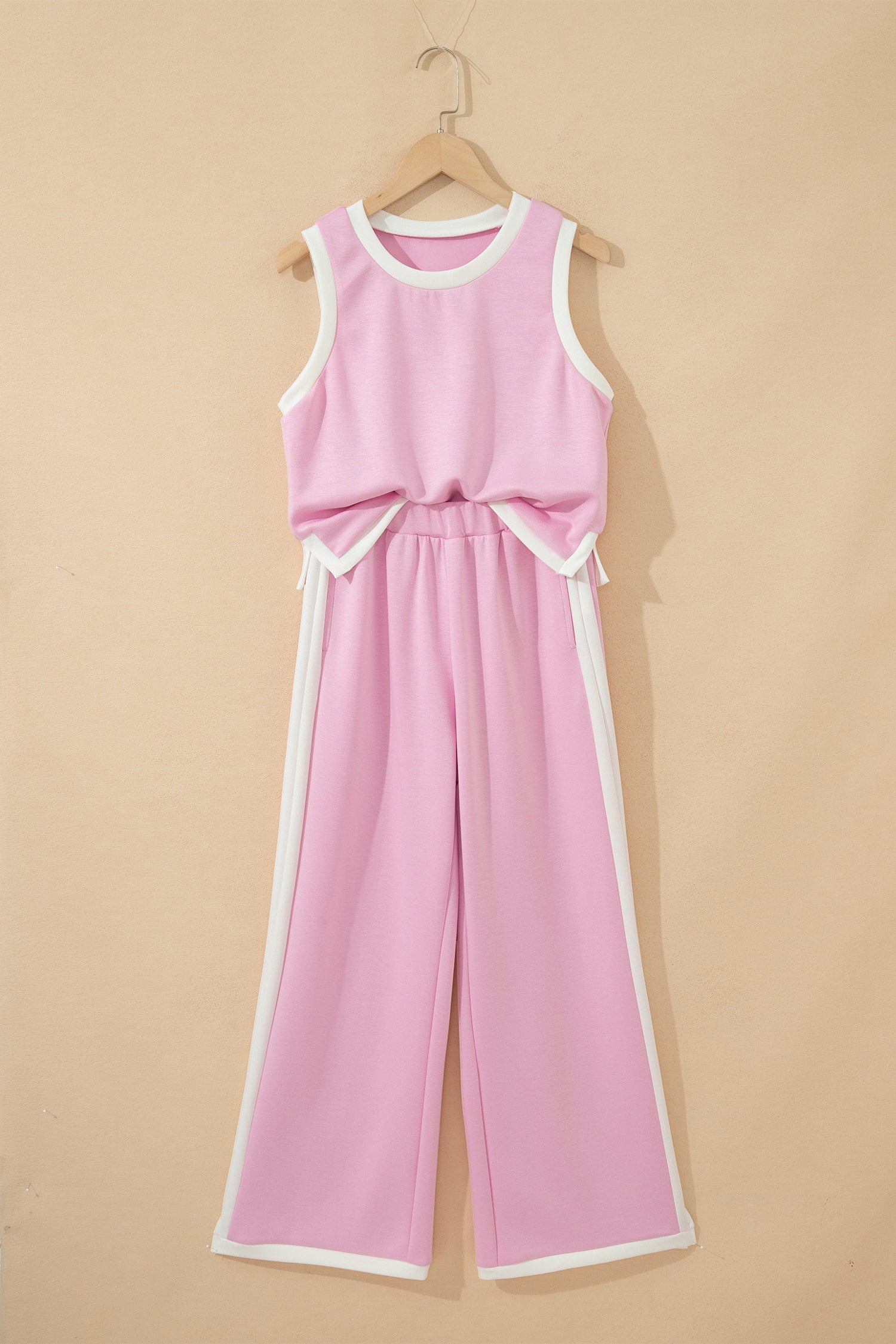 Pink Colorblock Trim Cropped Tank Elastic Waist Shift Pants 2pcs Set