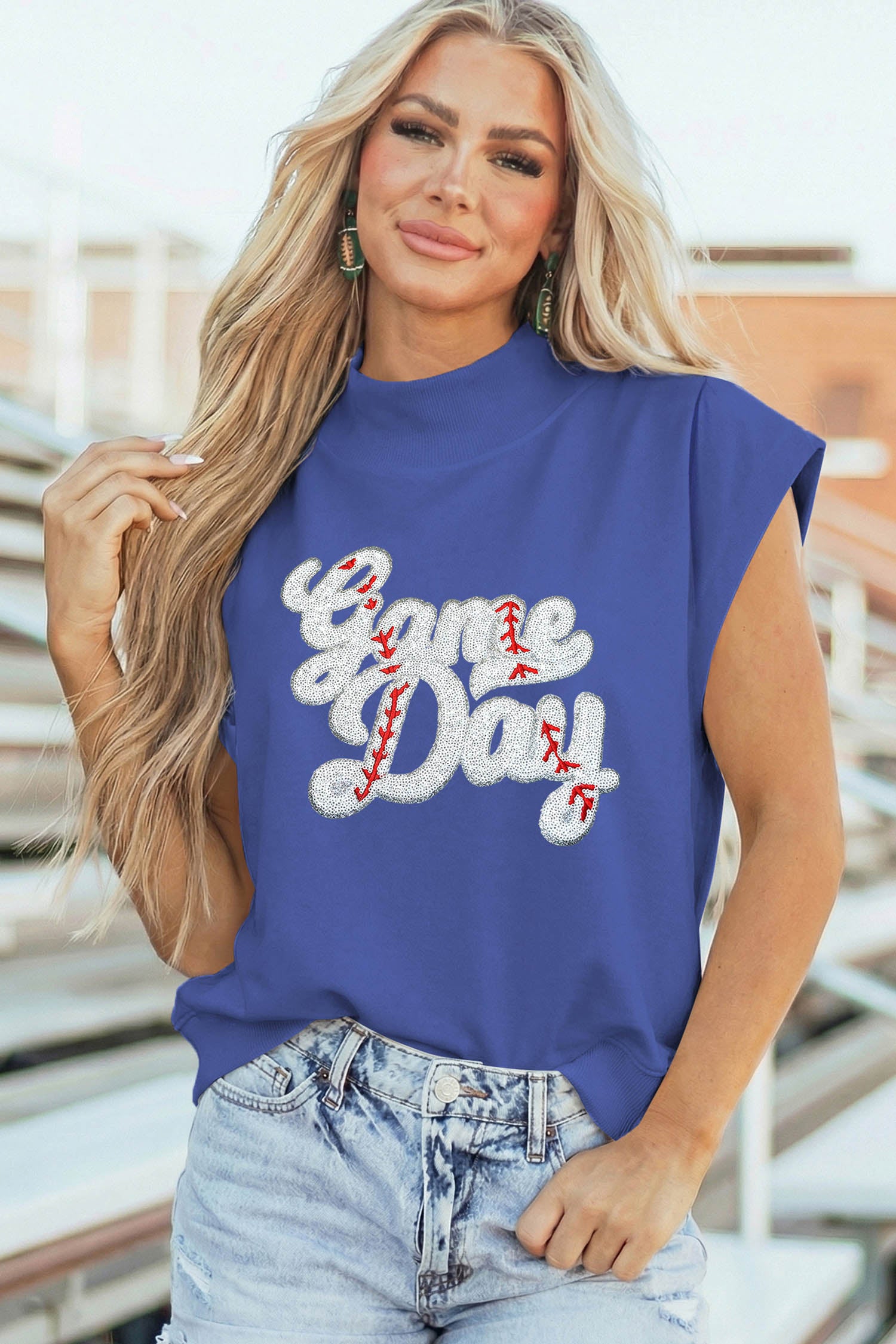 Sky Blue Sequin Game Day Slogan High Neck Short Sleeve Top