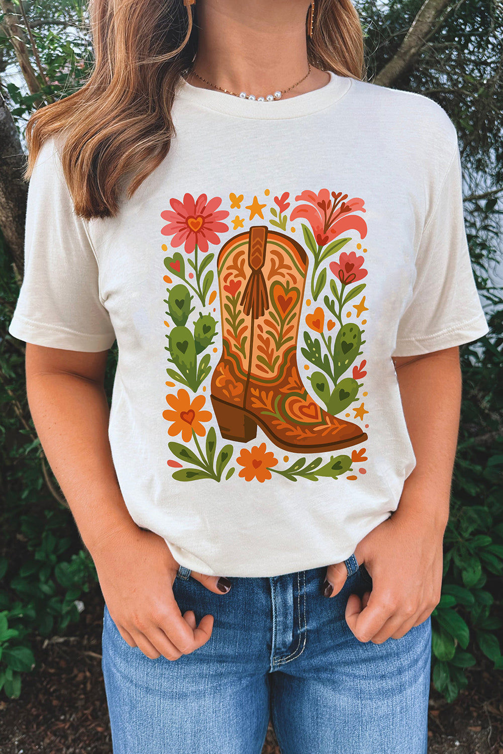 White Western Floral Boots Printed Casual Cotton Blend T Shirt