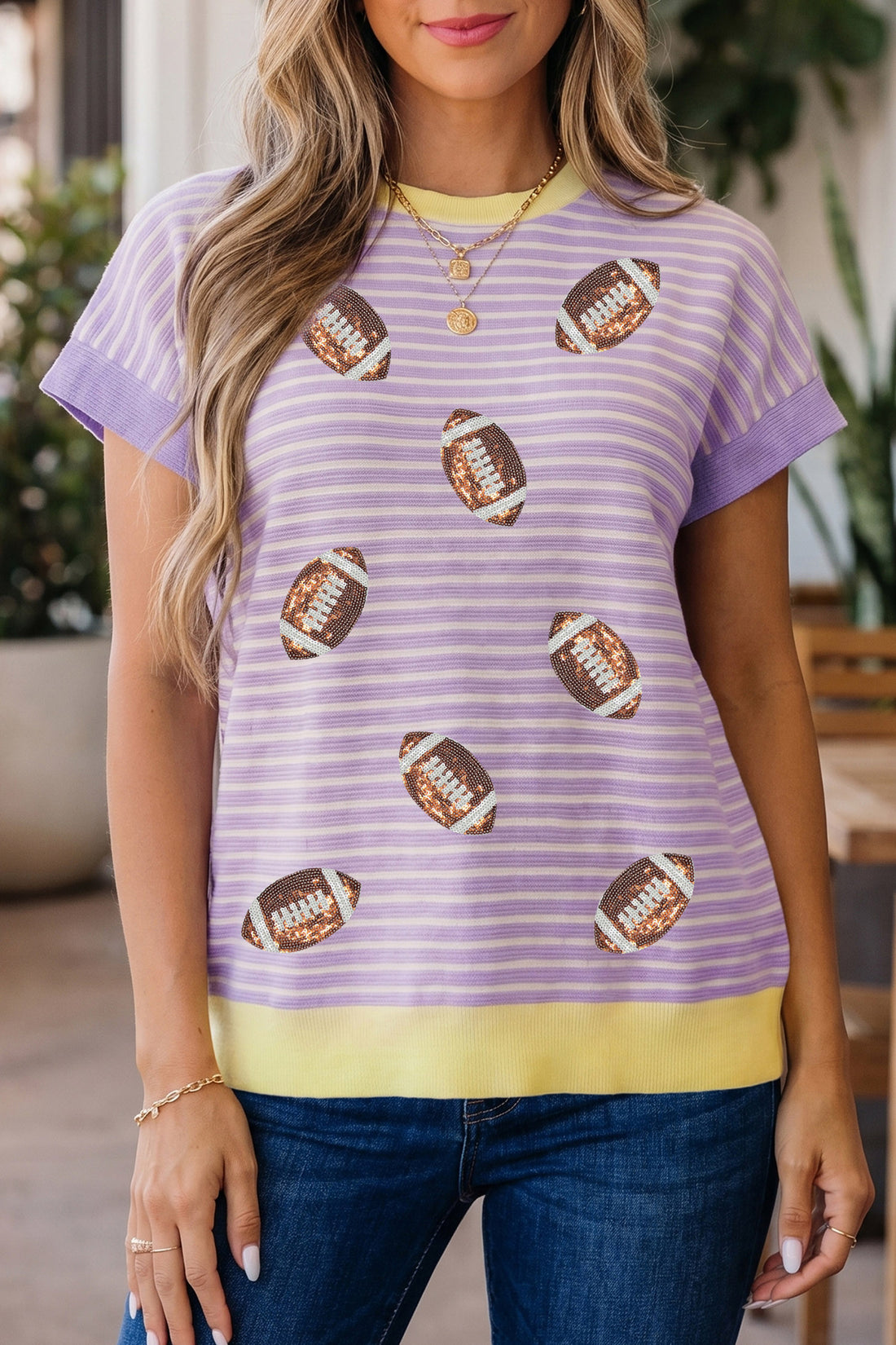 Purple Stripe Color Block Trim Sequin Rugby Graphic Casual T Shirt
