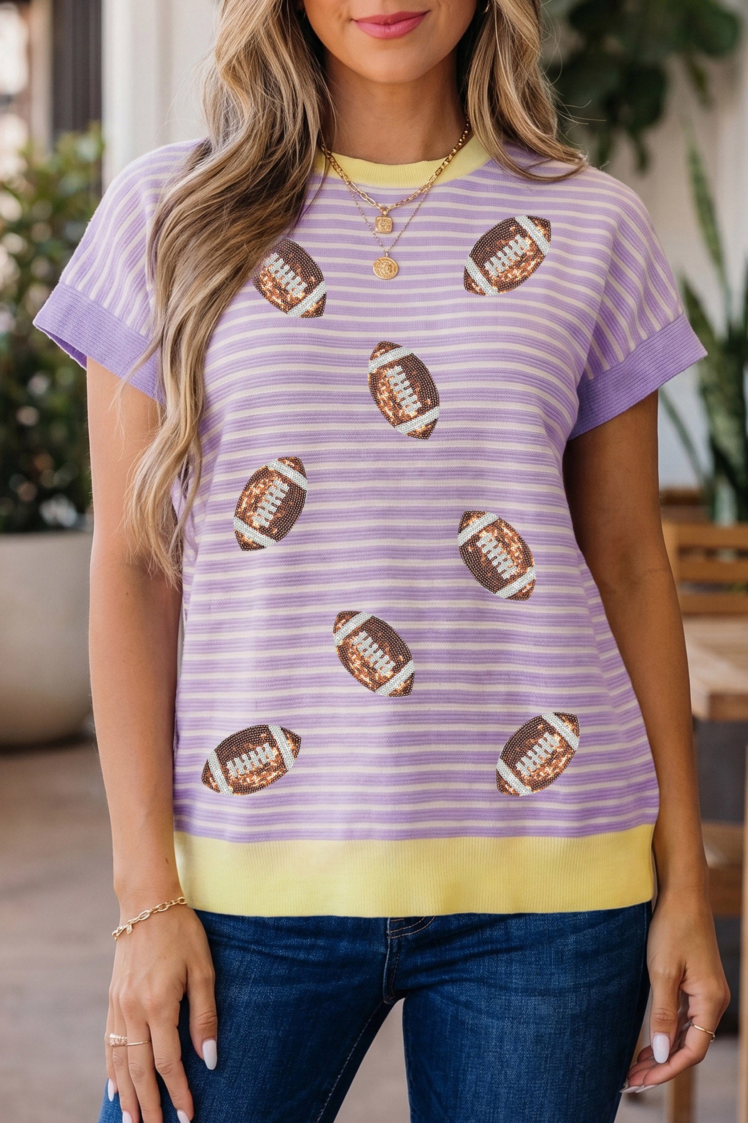 Purple Stripe Color Block Trim Sequin Rugby Graphic Casual T Shirt