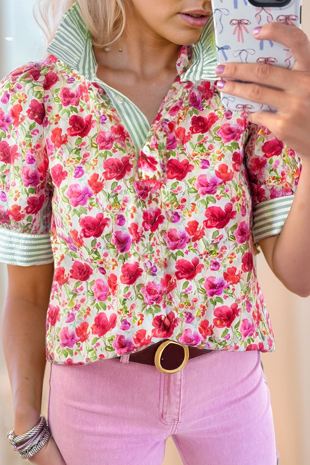 Red Floral Print Striped Patchwork Collared Short Sleeve Blouse