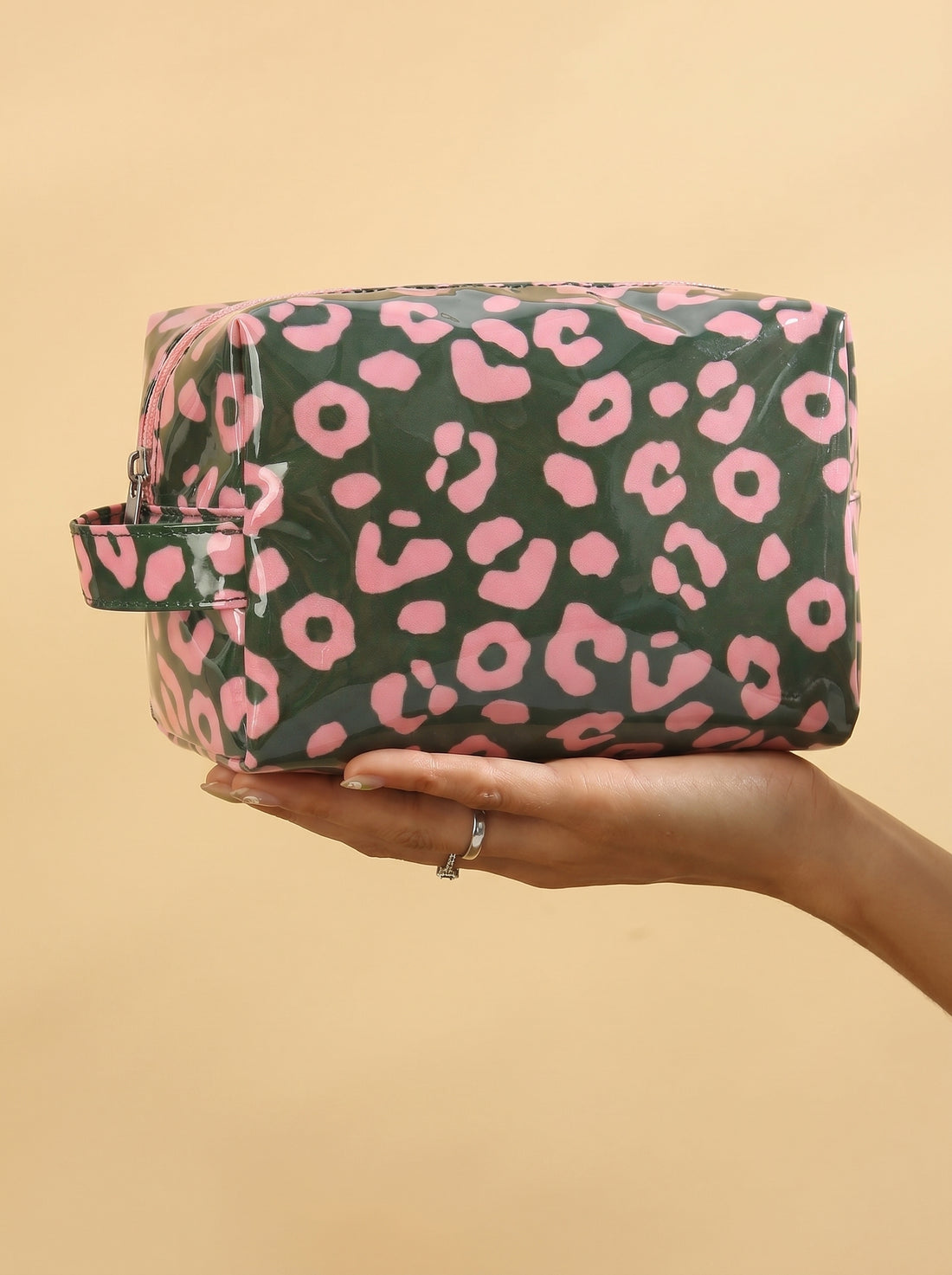 Blackish Green Leopard Print PVC Travel Makeup Organizer Cosmetic Bag