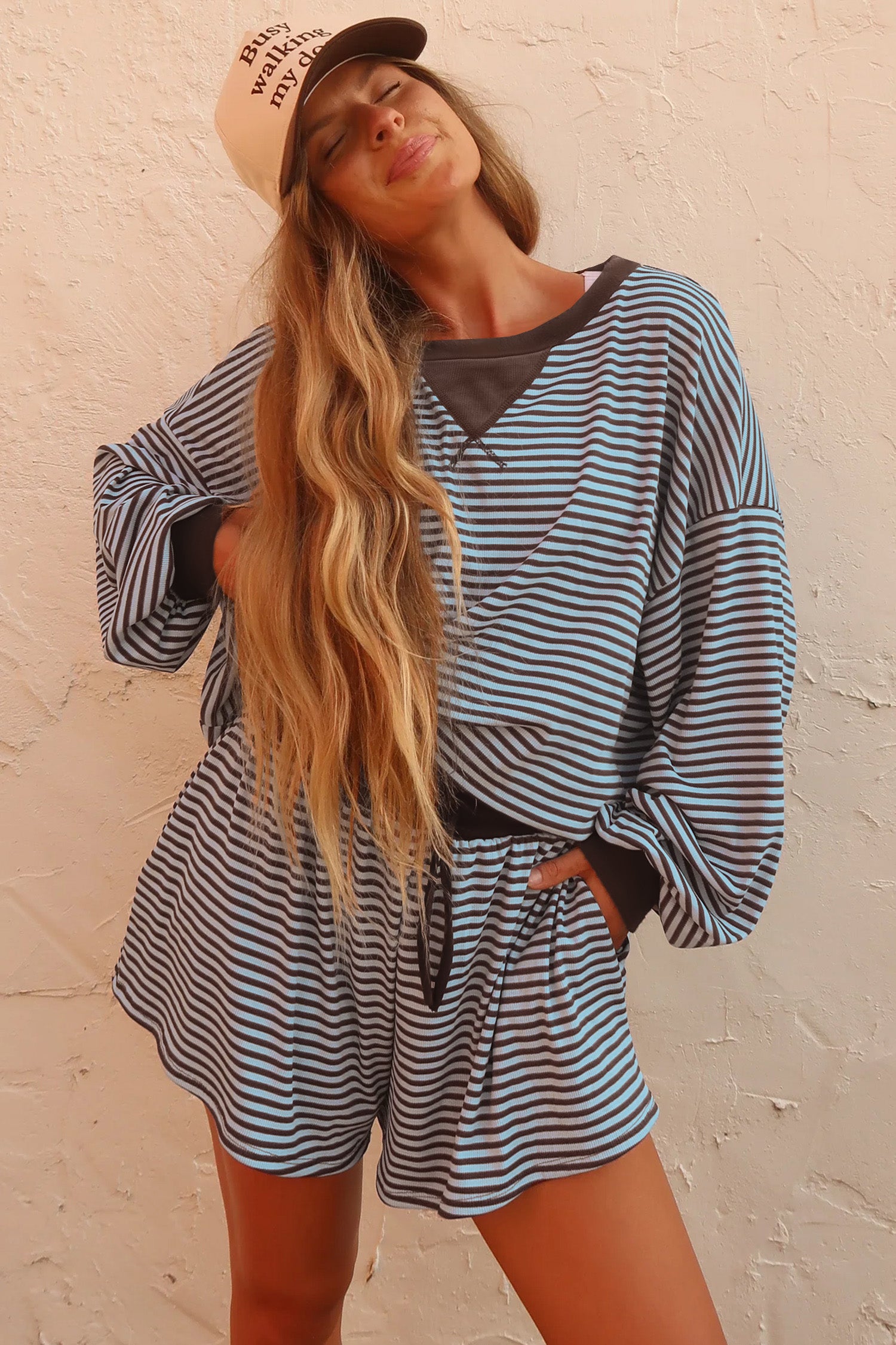 Brown Stripe Oversized Long Sleeve Top Drawstring Loose Shorts 2pcs Set
