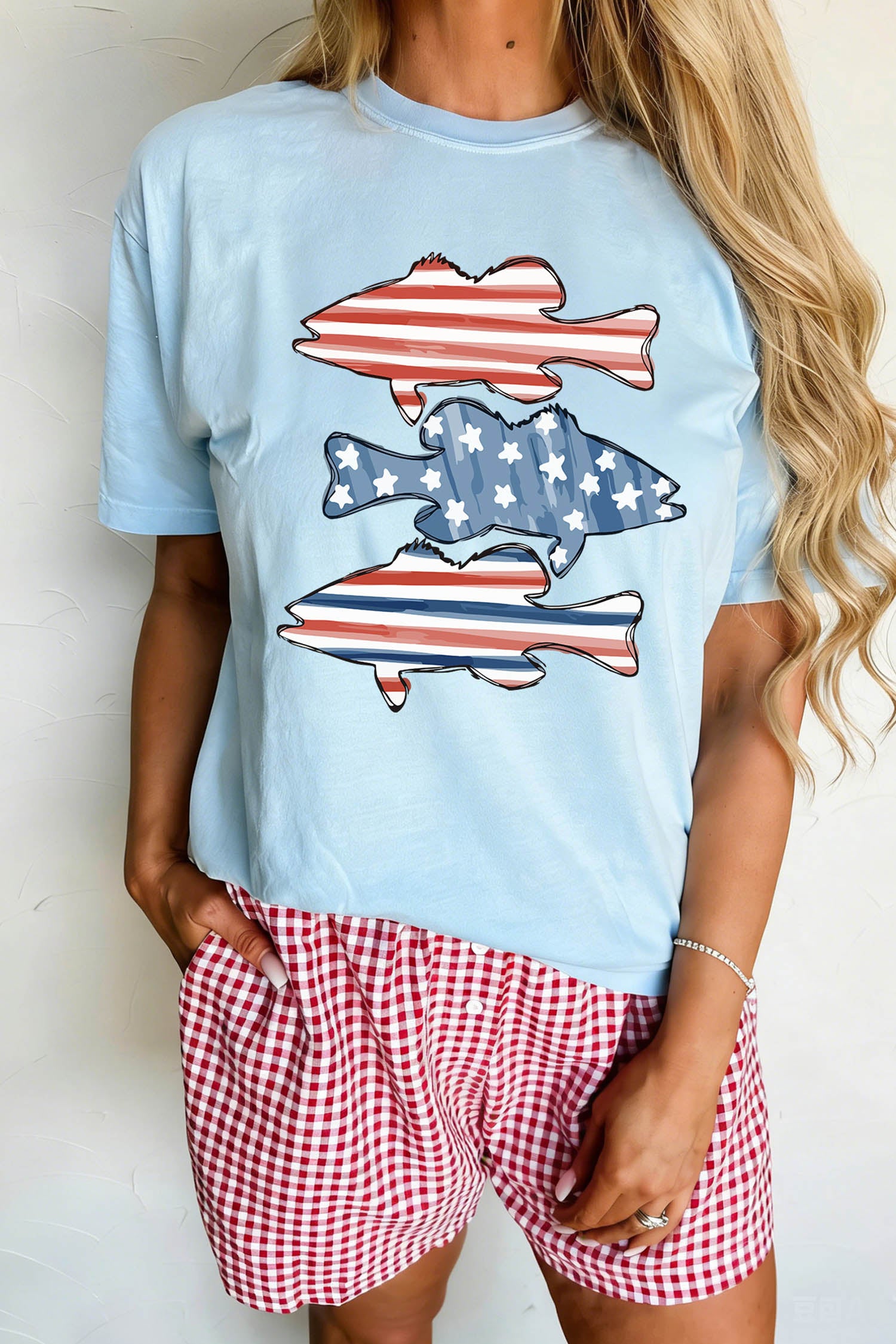 Light Blue Patriotic Fish Print Relaxed Graphic T Shirt