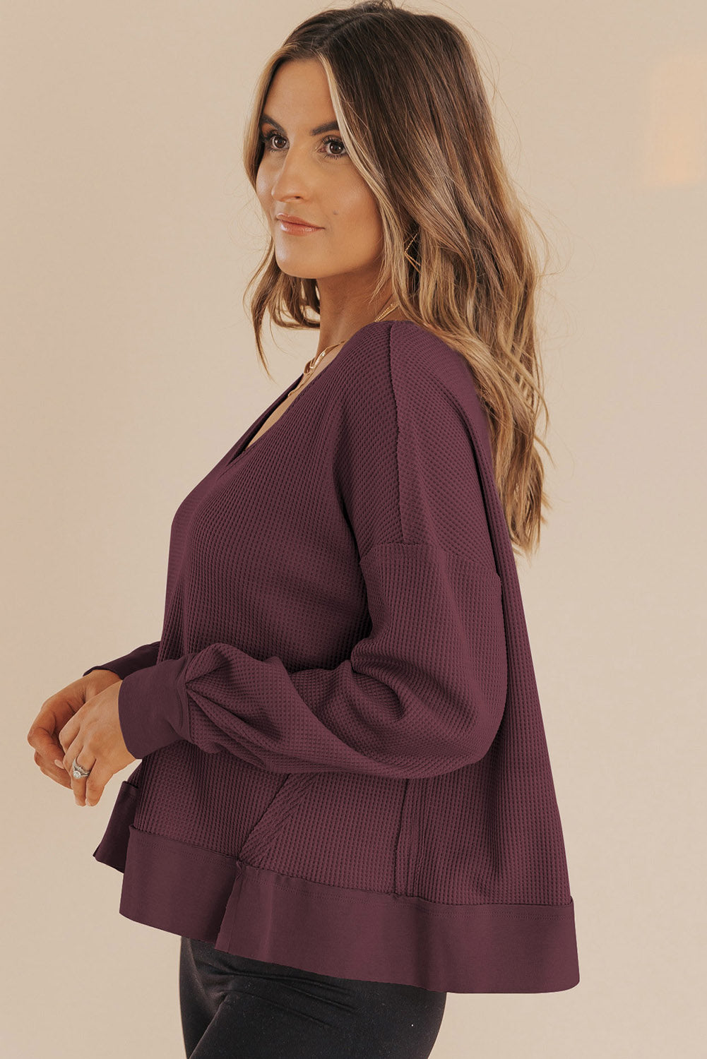 Casual Waffle Knit Notched V Neck Drop Shoulder Solid Sweatshirt