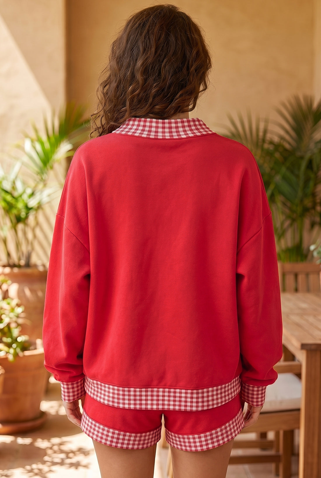 Fiery Red Gingham Trim Baggy Pullover 2pcs Short Set