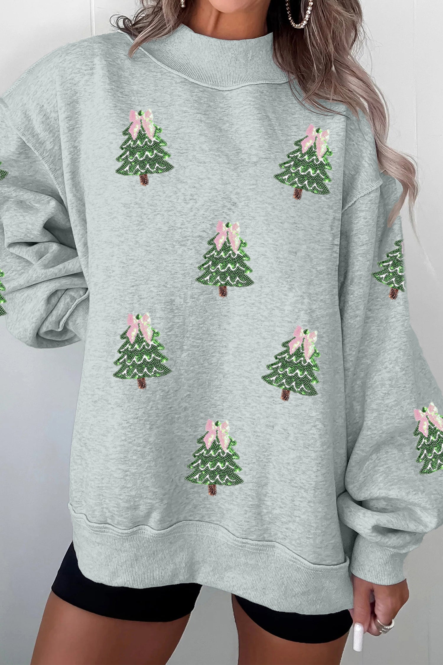 Gray Sequin Christmas Tree Graphic Mock Neck Baggy Pullover Sweatshirt