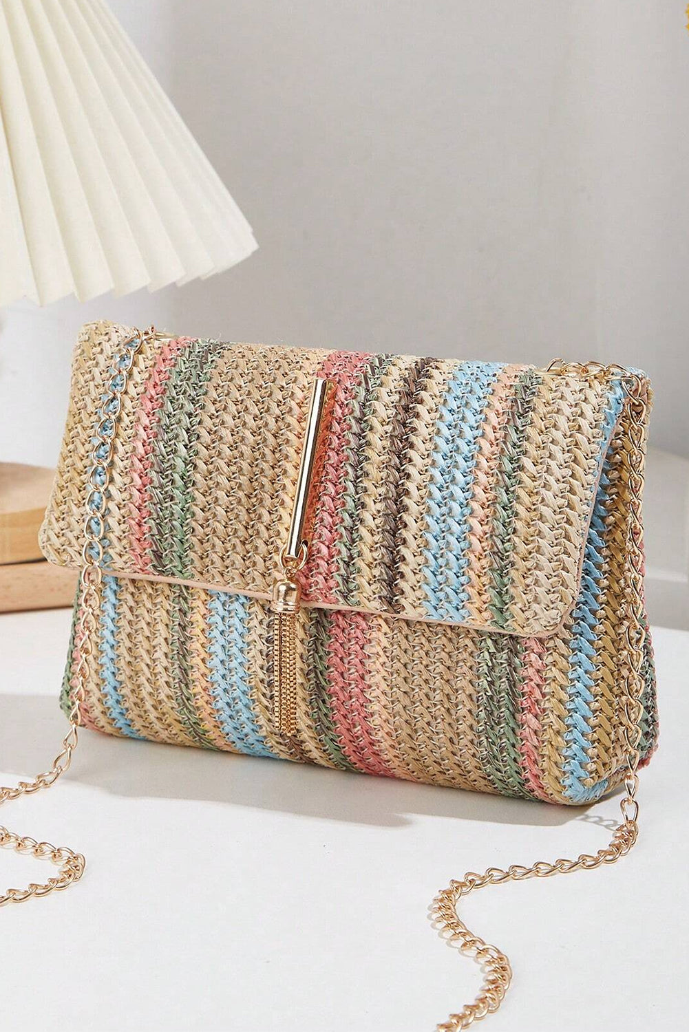 Apricot Straw Plaited Gold Chain Clasp Closure Single Shoulder Bag