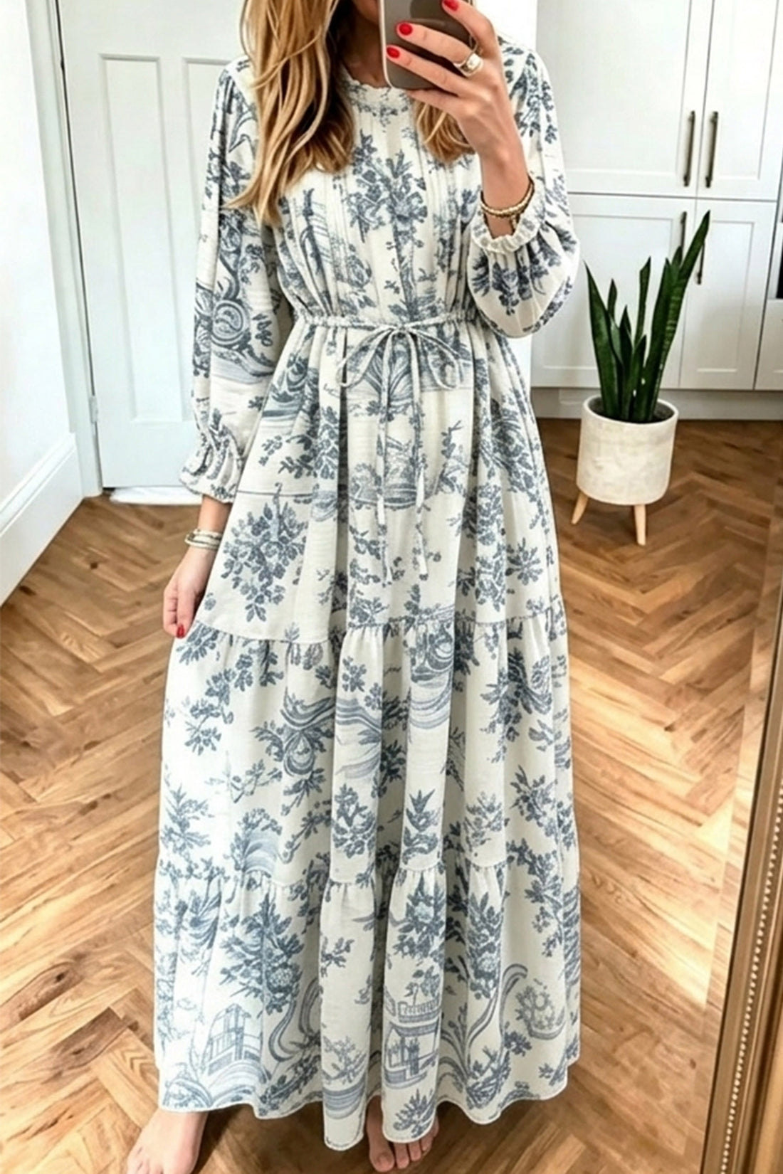 White Floral Print Long Sleeve Shift Maxi Dress
