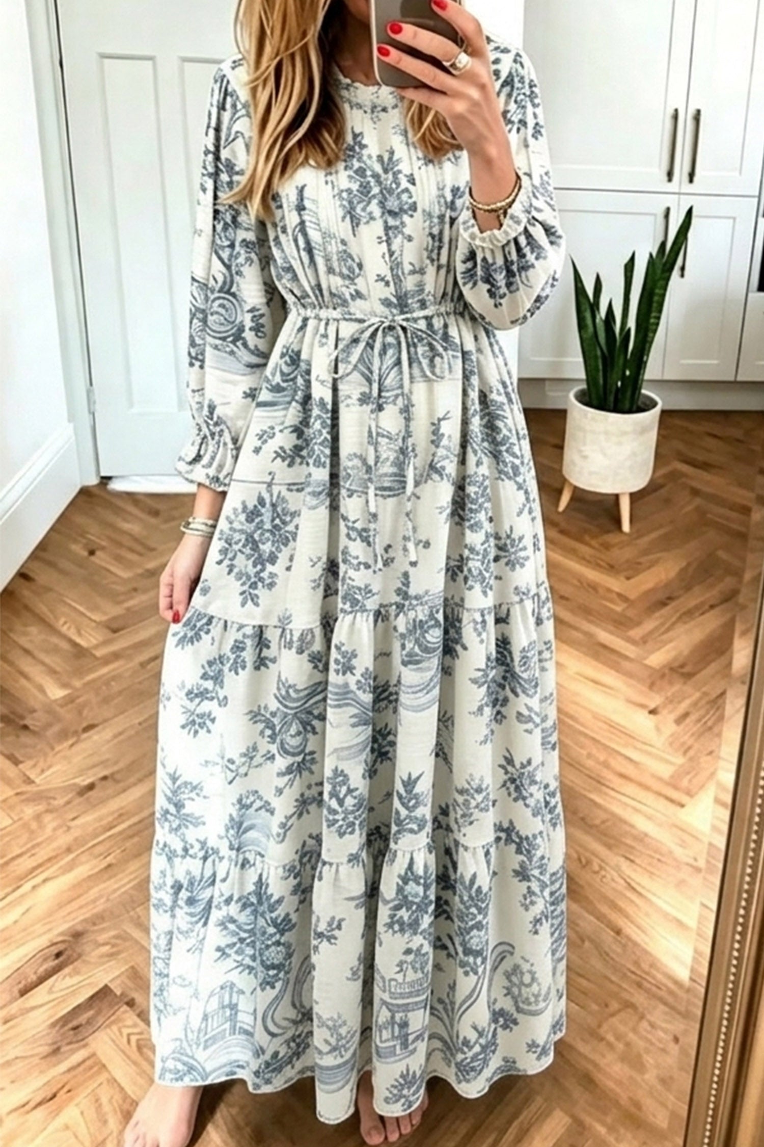 White Floral Print Long Sleeve Shift Maxi Dress