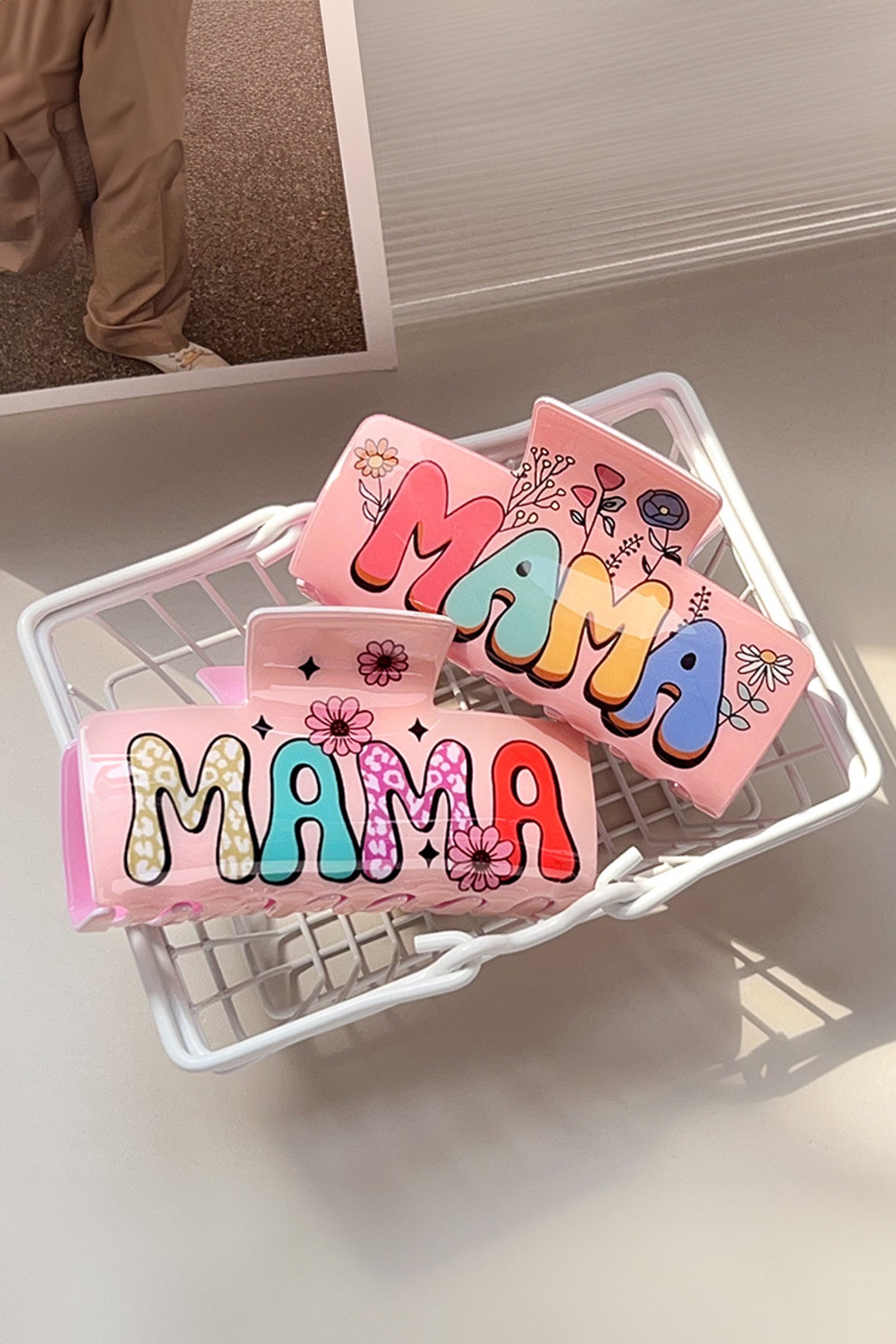 Pink MAMA Flower Printed Acrylic Large Square Hair Claw Clip