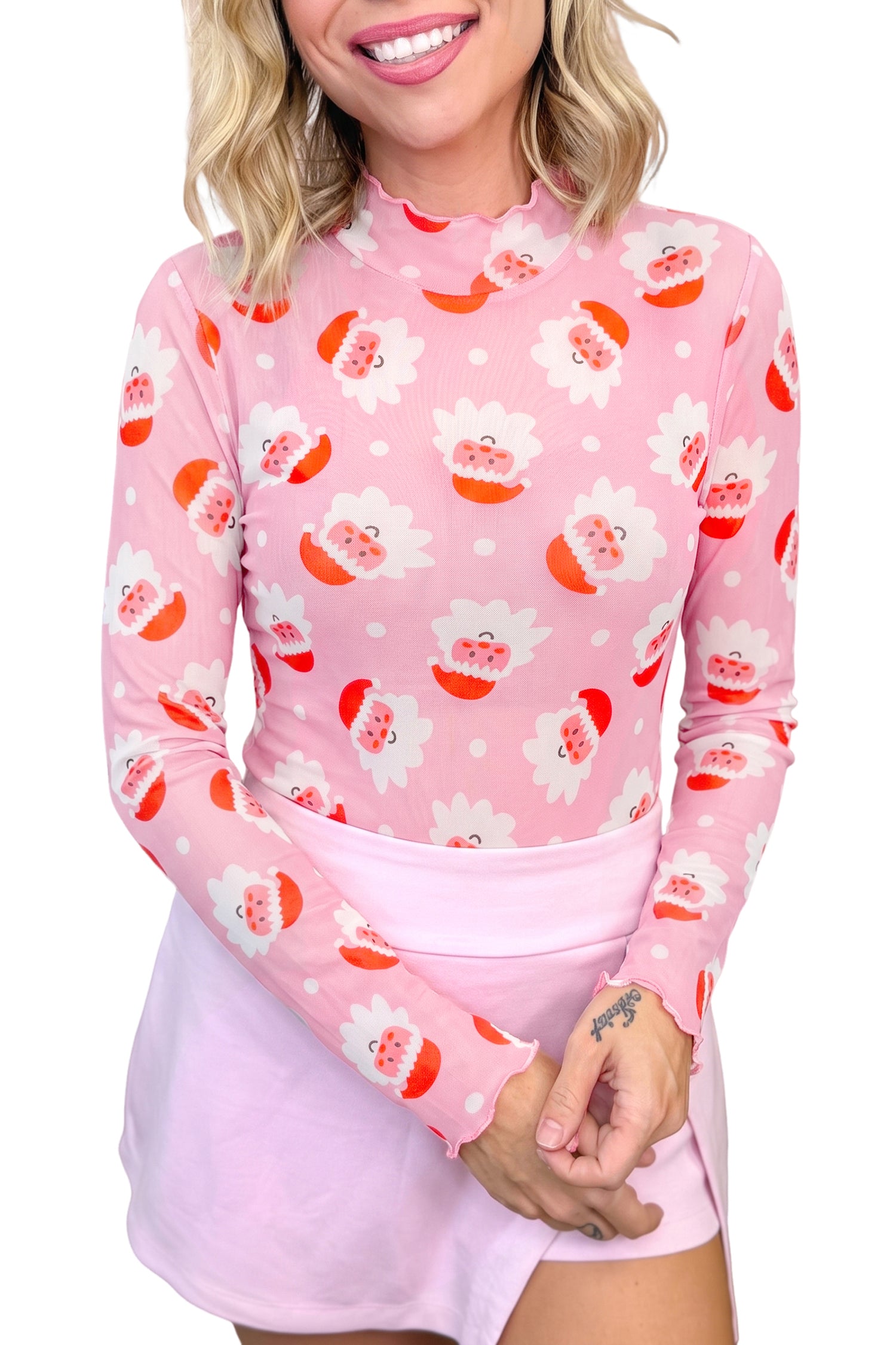 Pink Abstract Santa Print Stand Neck Sheath Long Sleeve Top