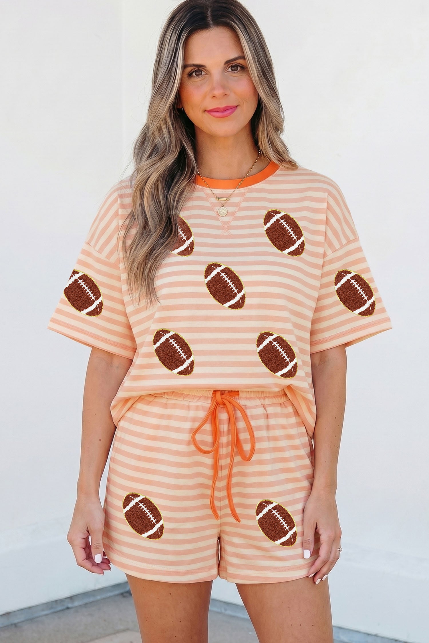 Casual Stripe Chenille Football Pattern Short Sleeve Two Piece Set