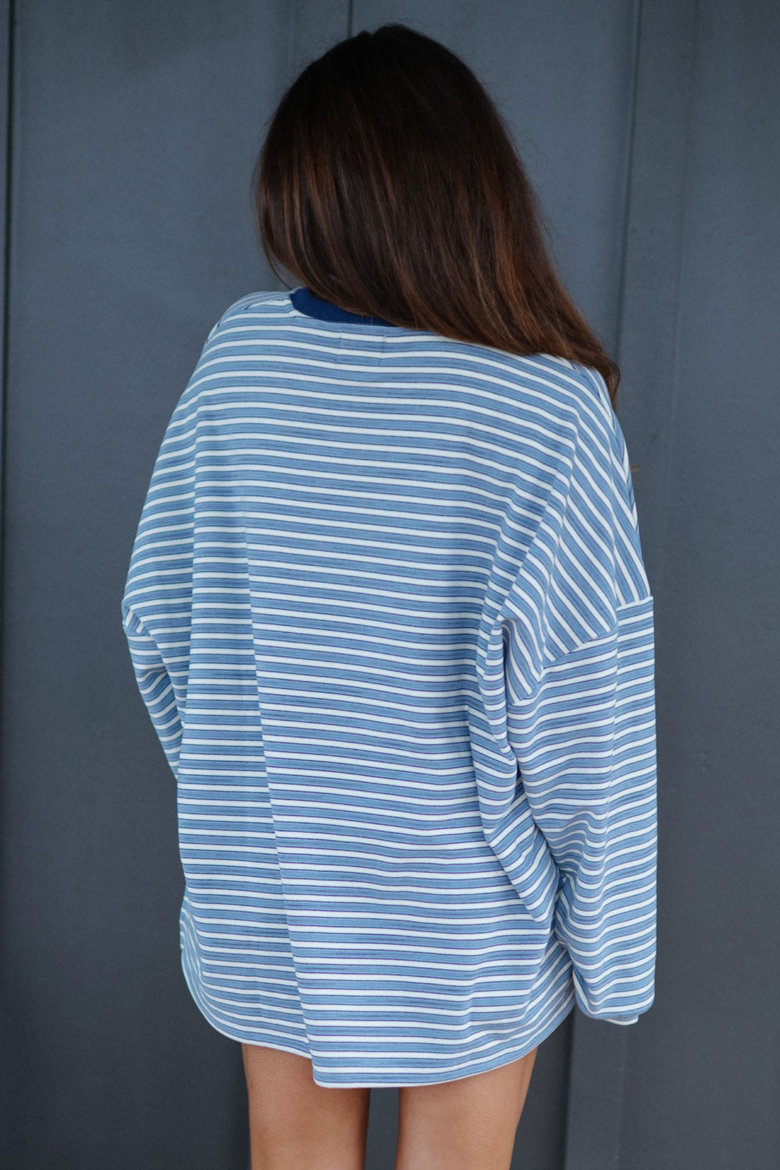 Sky Blue Stripe Long Sleeve Oversized Top Pocketed Casual Shorts Two Piece Set