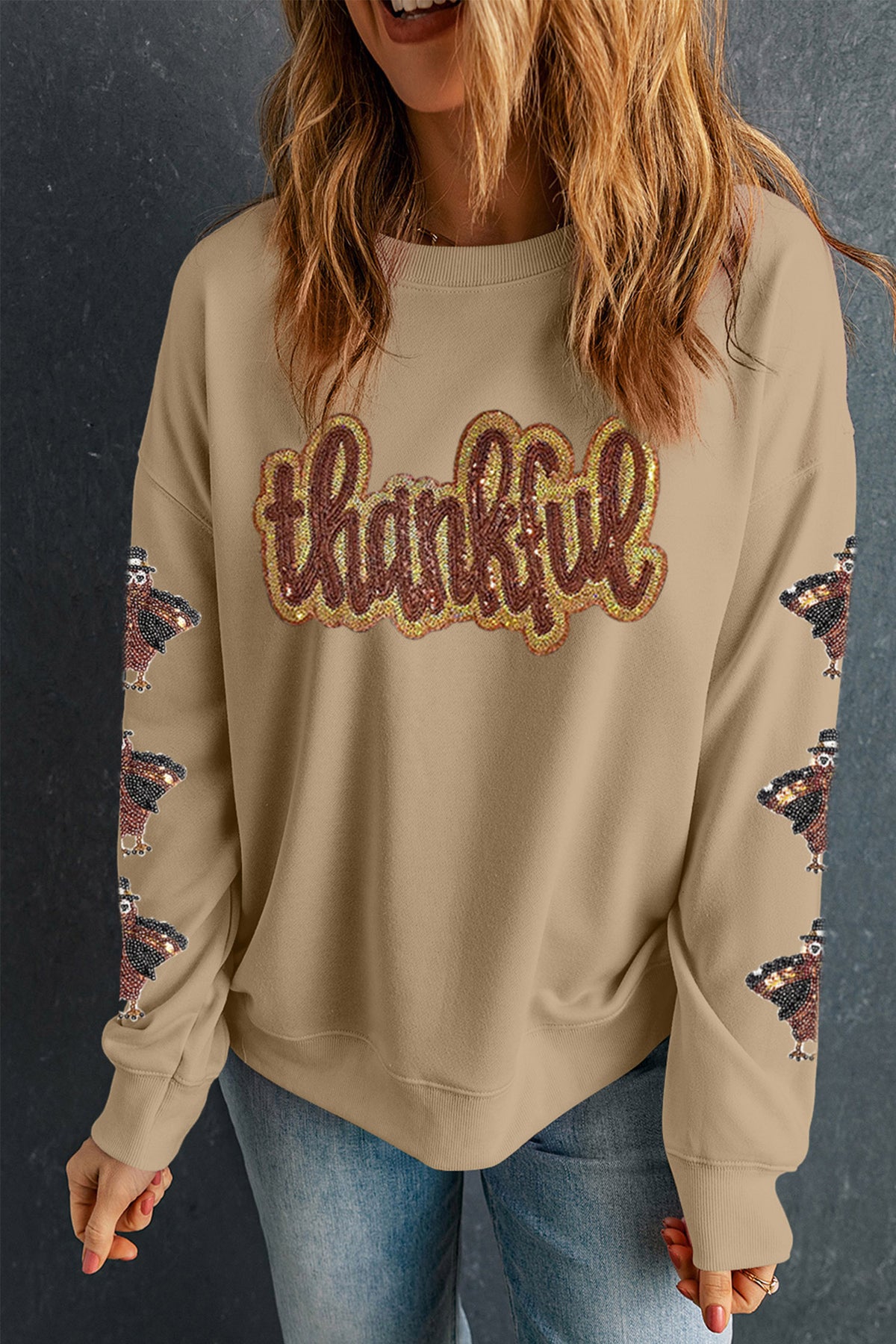 Khaki Turkey Season Thankful Graphic Sweatshirt