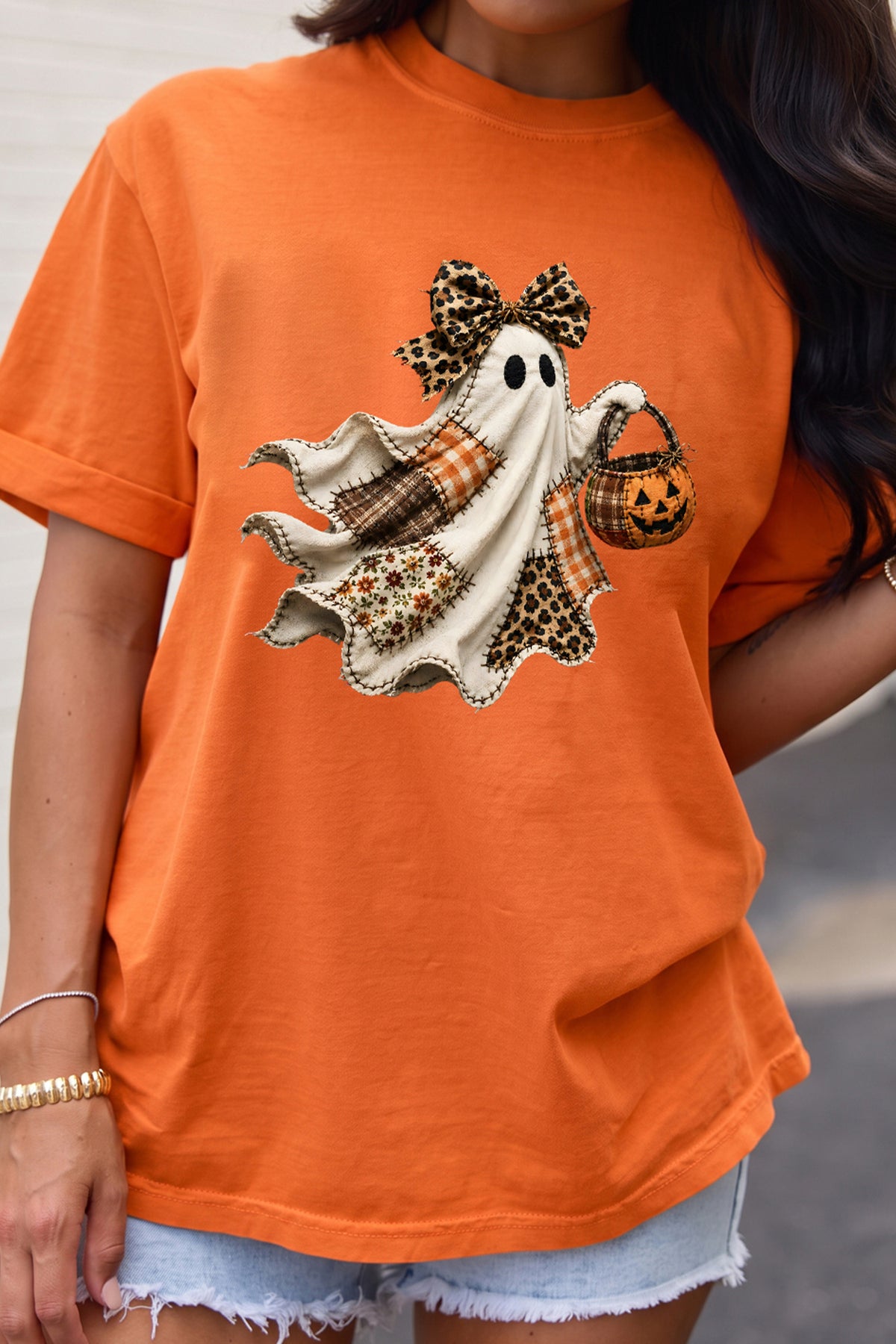Orange Leopard Bow Halloween Ghost Printed T Shirt