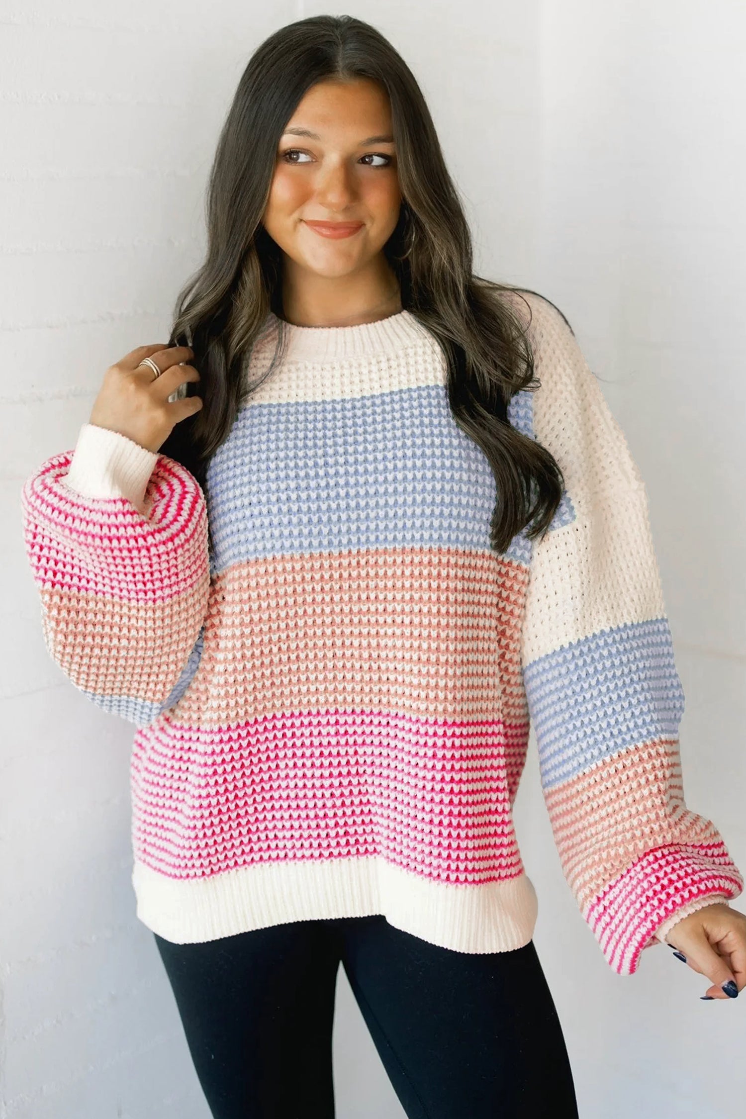Light Blue Drop Shoulder Round Neck Long Sleeve Pullover Sweater