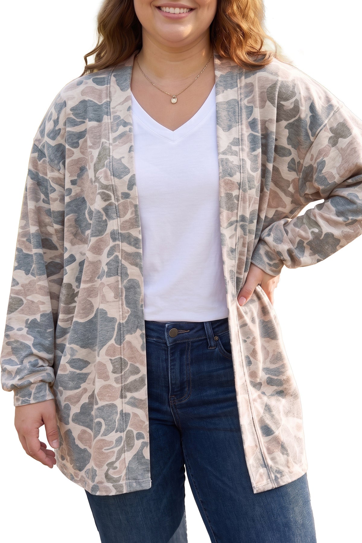 Multicolour Retro Camouflage Print Plus Size Open Tunic Cardigan