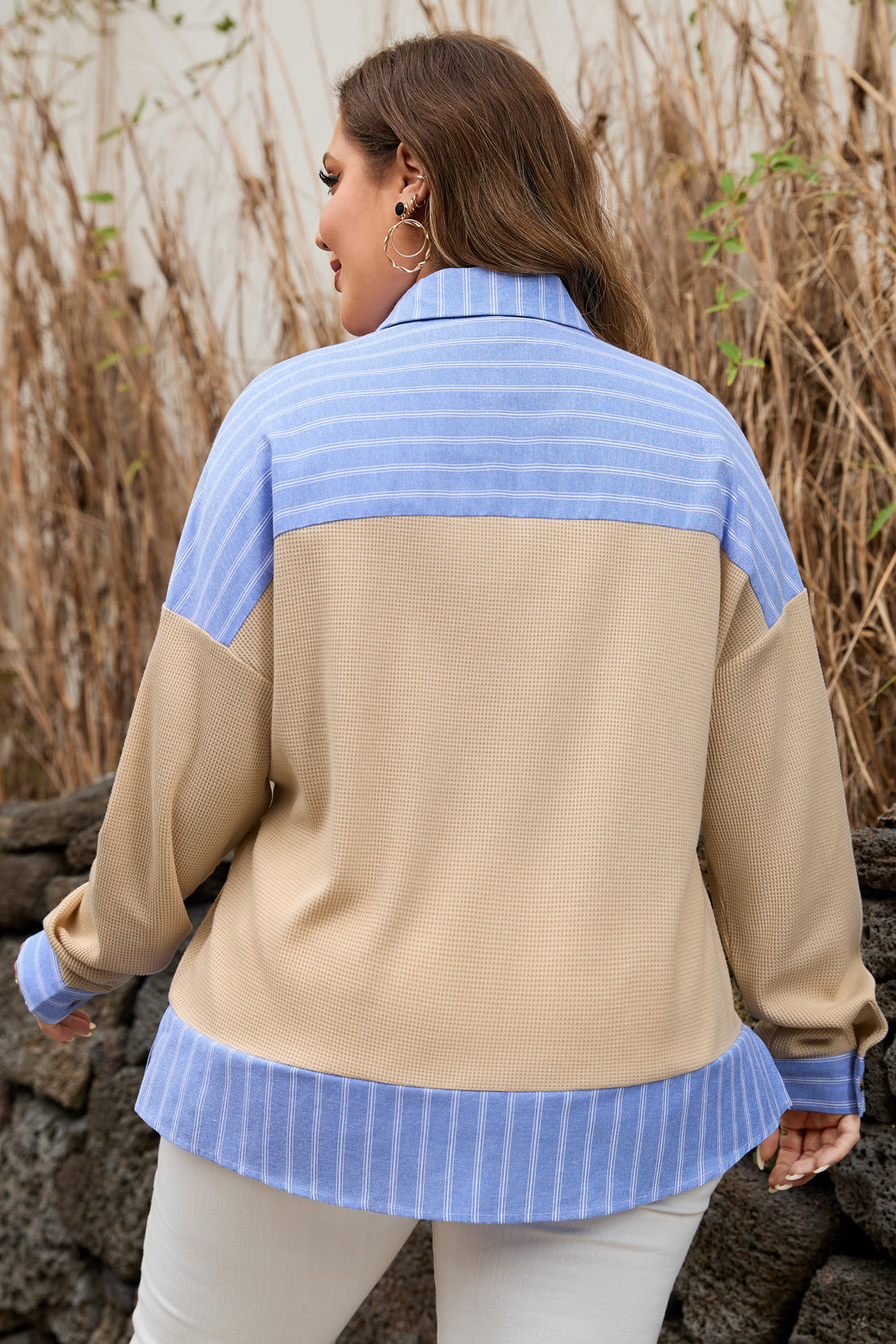 Parchment Plus Size Striped Contrast Trim Waffle Knit Collared Top