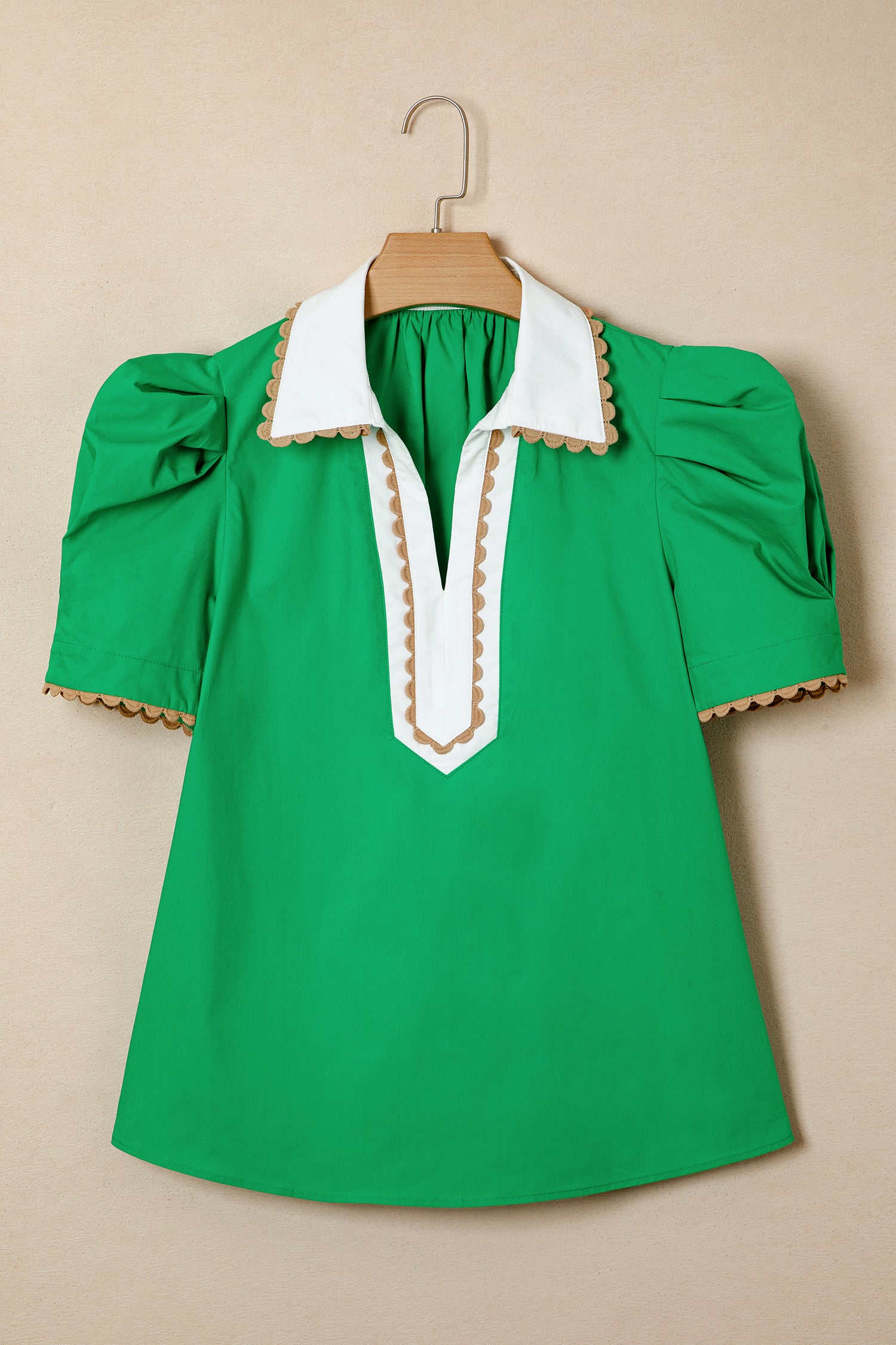Bright Green Ricrac Trim Color Block Patchwork Shirt Collar Short Sleeve Blouse