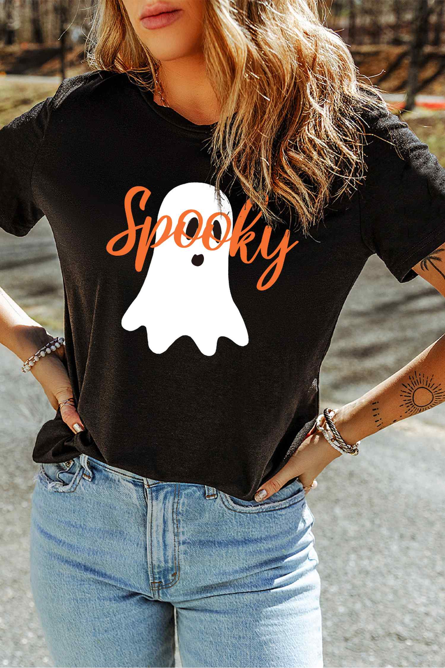 Black Halloween Ghost Spooky Print Graphic T-Shirt