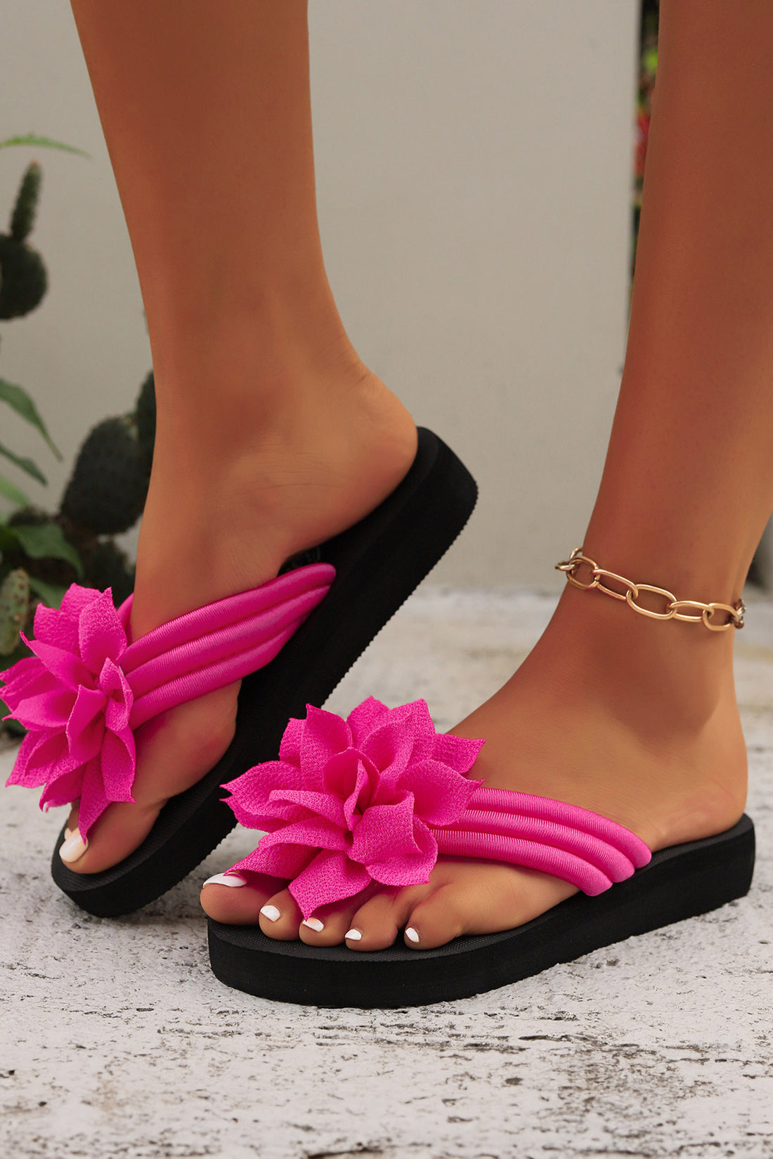 Rose Red 3D Flower Corded Band Lightweight Platform Flip Flops