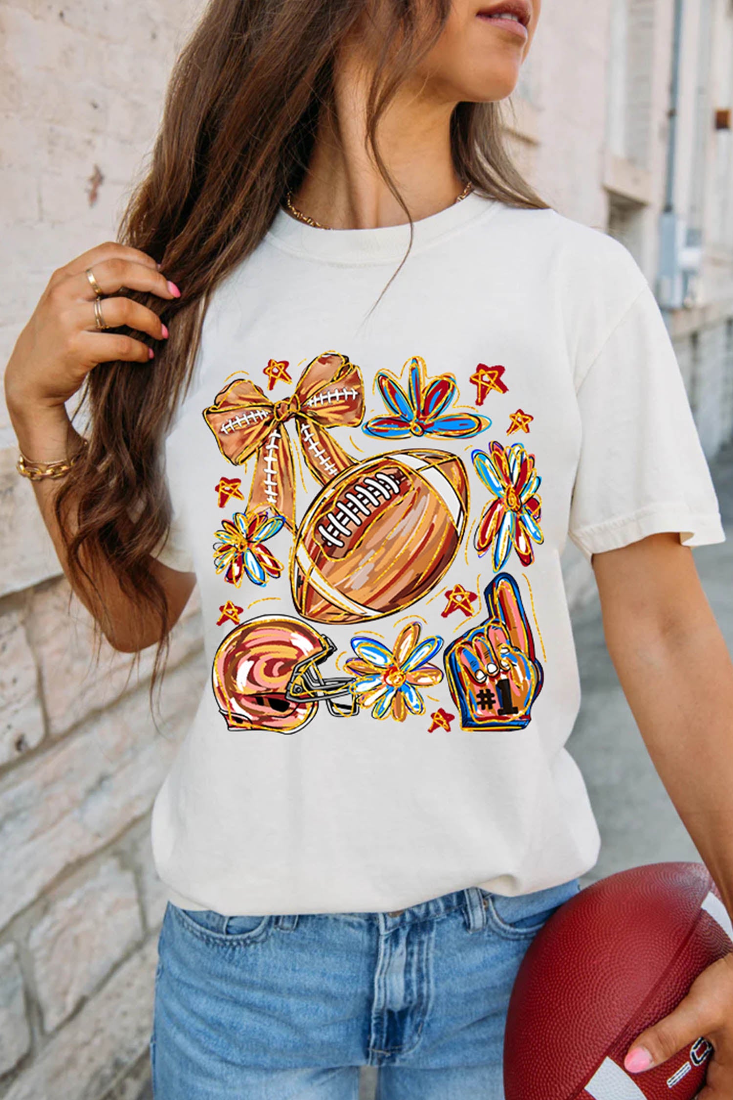 White Vibrant Football Graphic Game Day Cheerful T Shirt