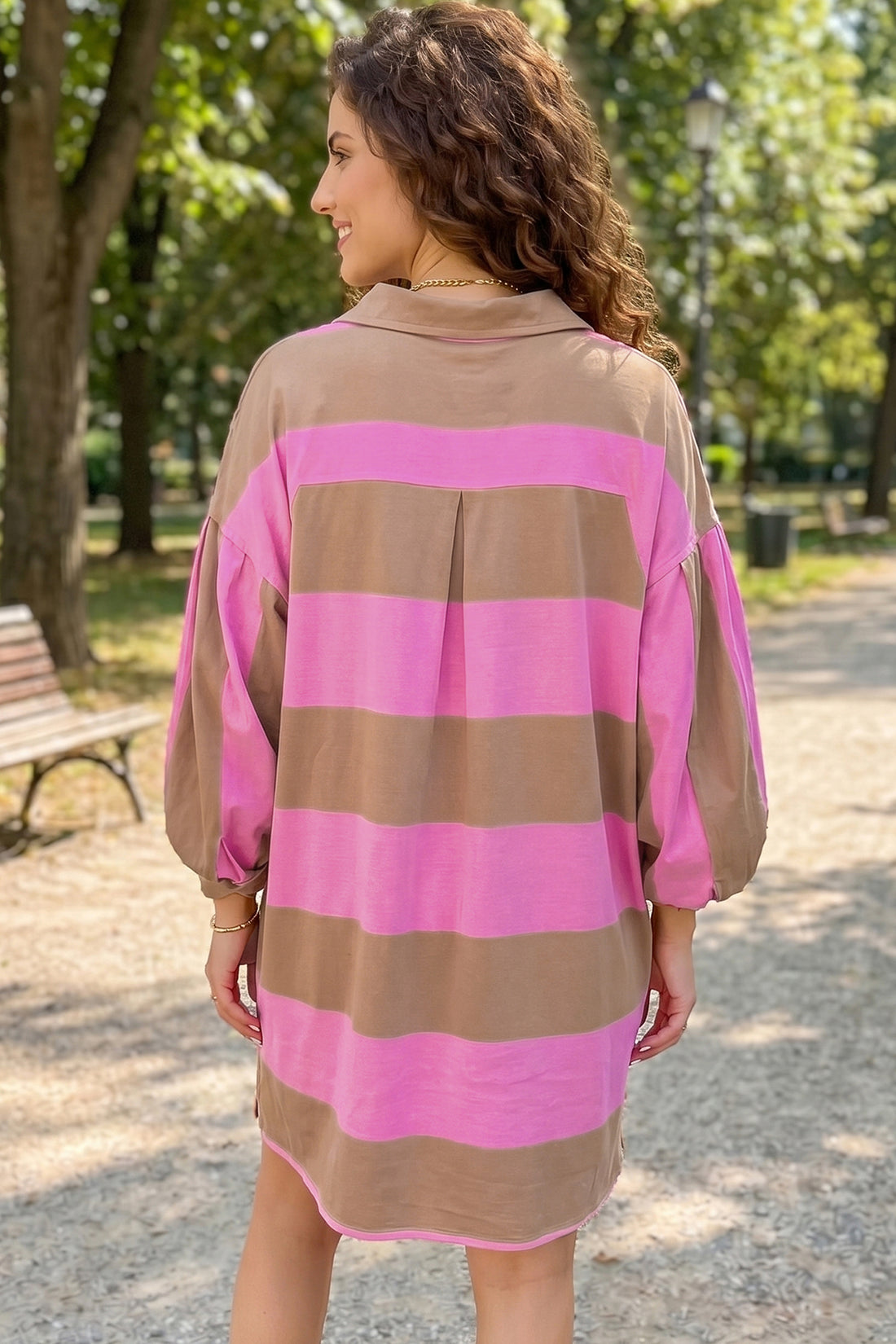 Rose Stripe Striped Button Long Sleeve Short Shift Dress