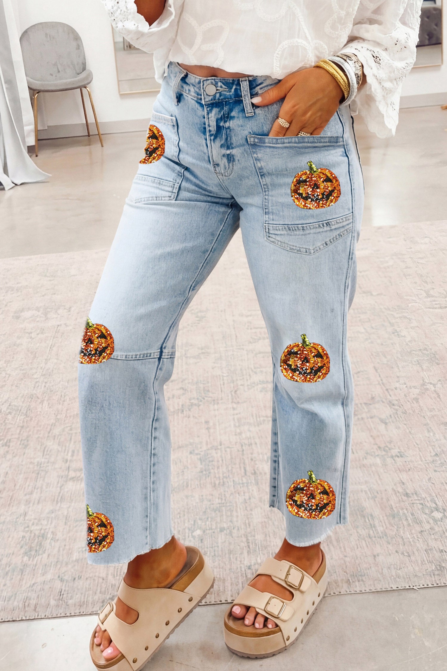 Beau Blue Sequin Pumpkin Face Patchwork Halloween Jeans