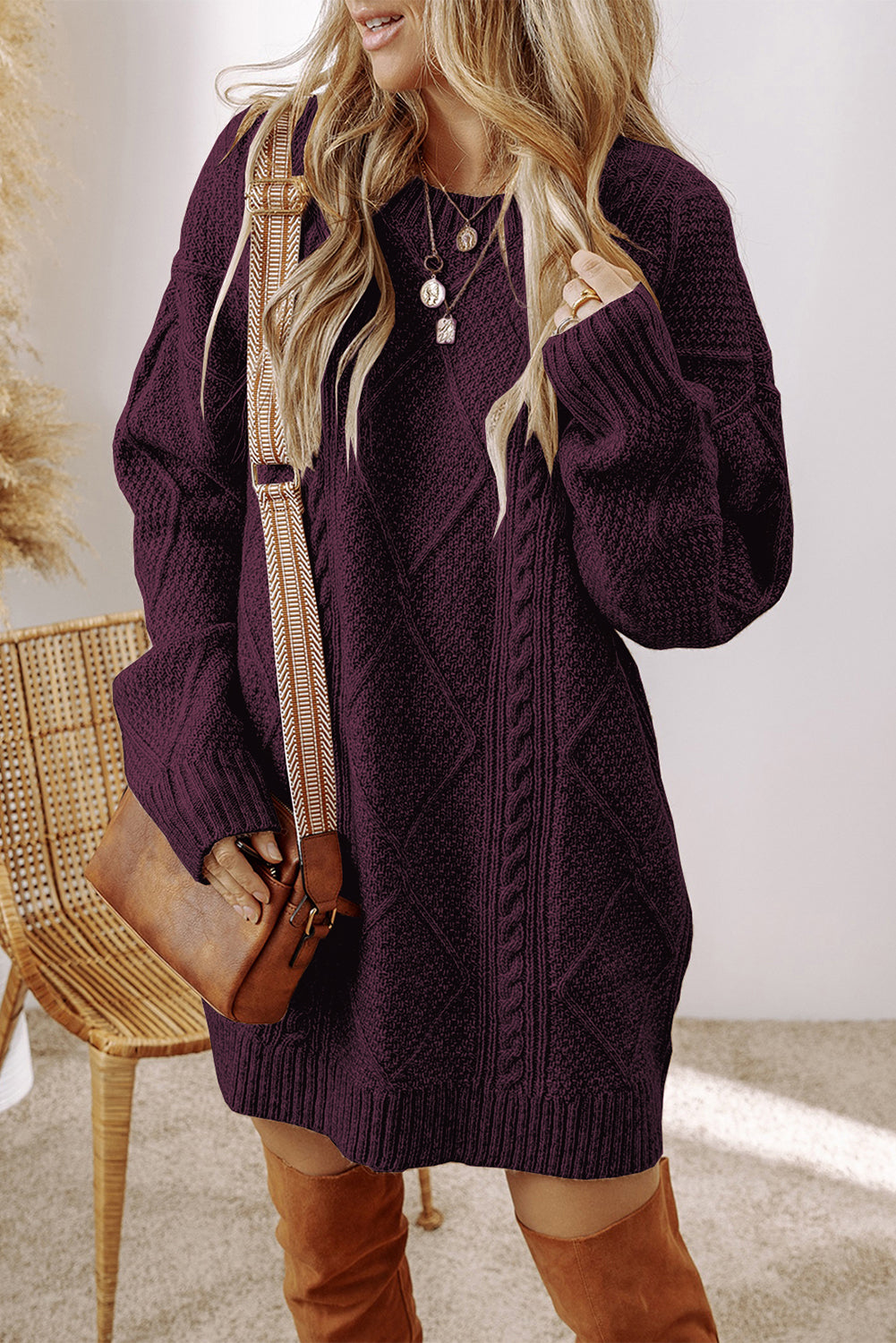 Burgundy Cable Knit Drop Shoulder Loose Fit Sweater Dress