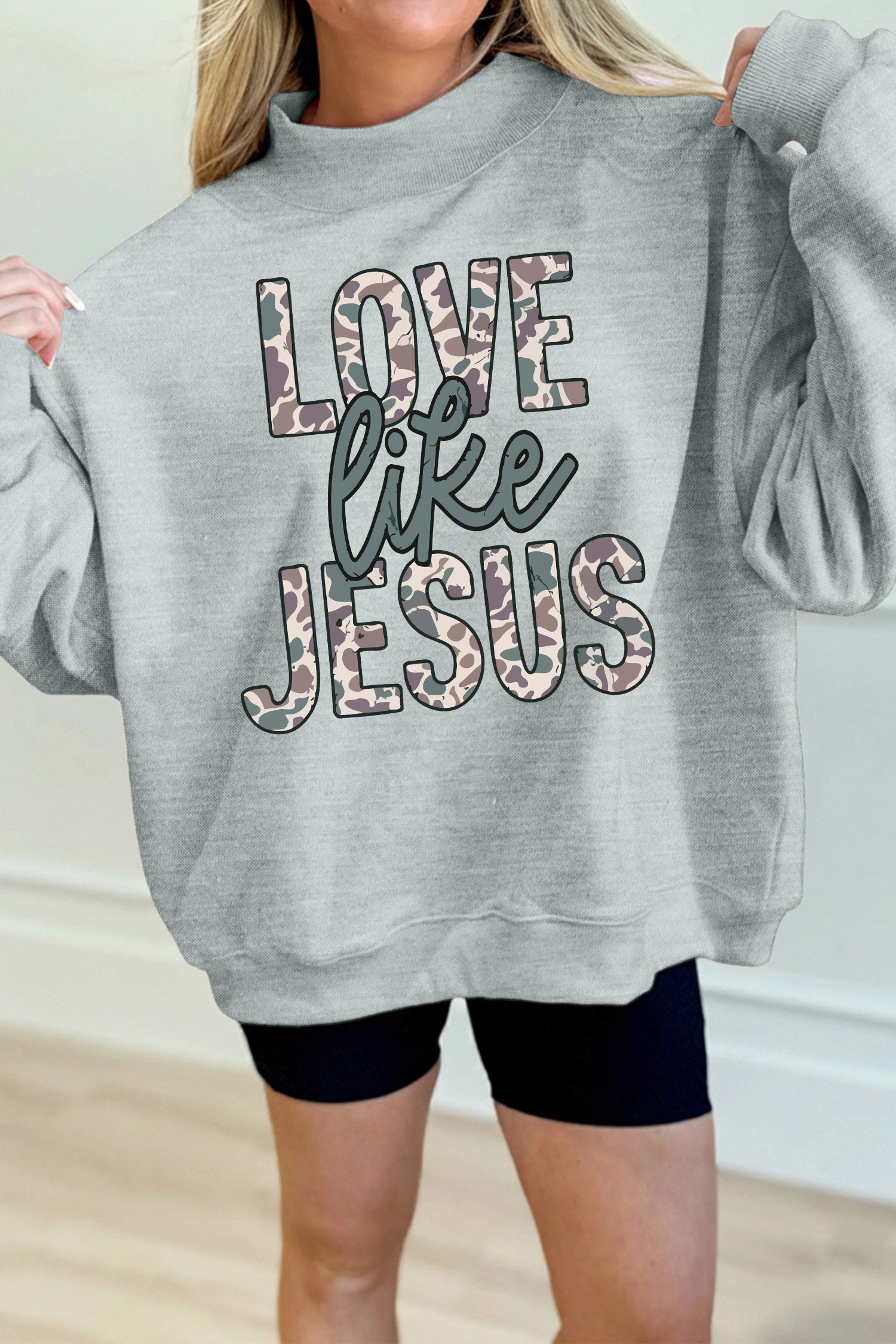 Gray Casual Camouflage Letter Print Faith Inspired Mock Neck Sweatshirt