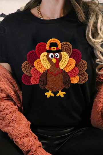 Black Thanksgiving Turkey Embroidered Short Sleeve Casual Shift T-Shirt