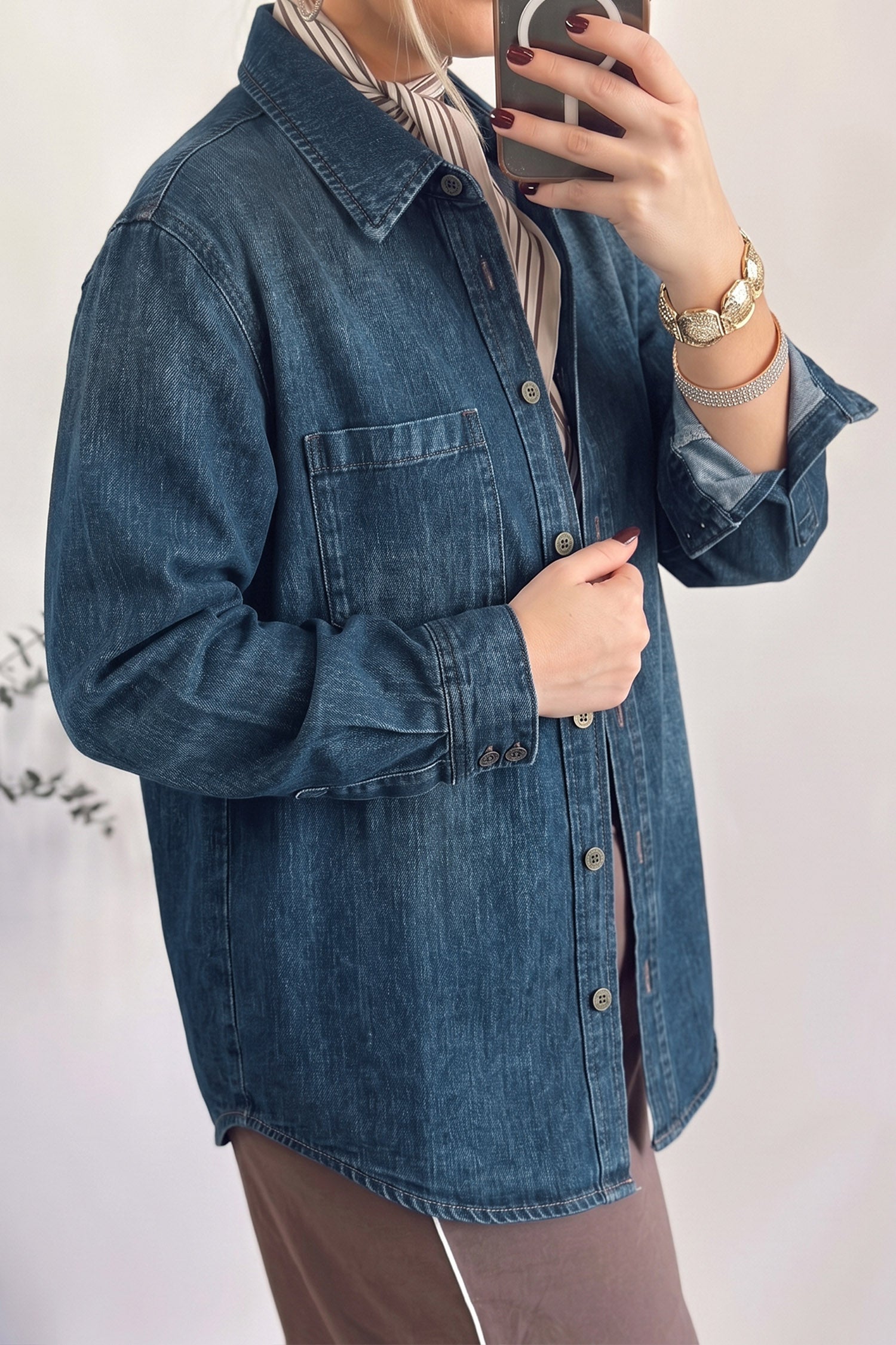 Navy Blue Western Tunic Shirt Style Denim Jacket