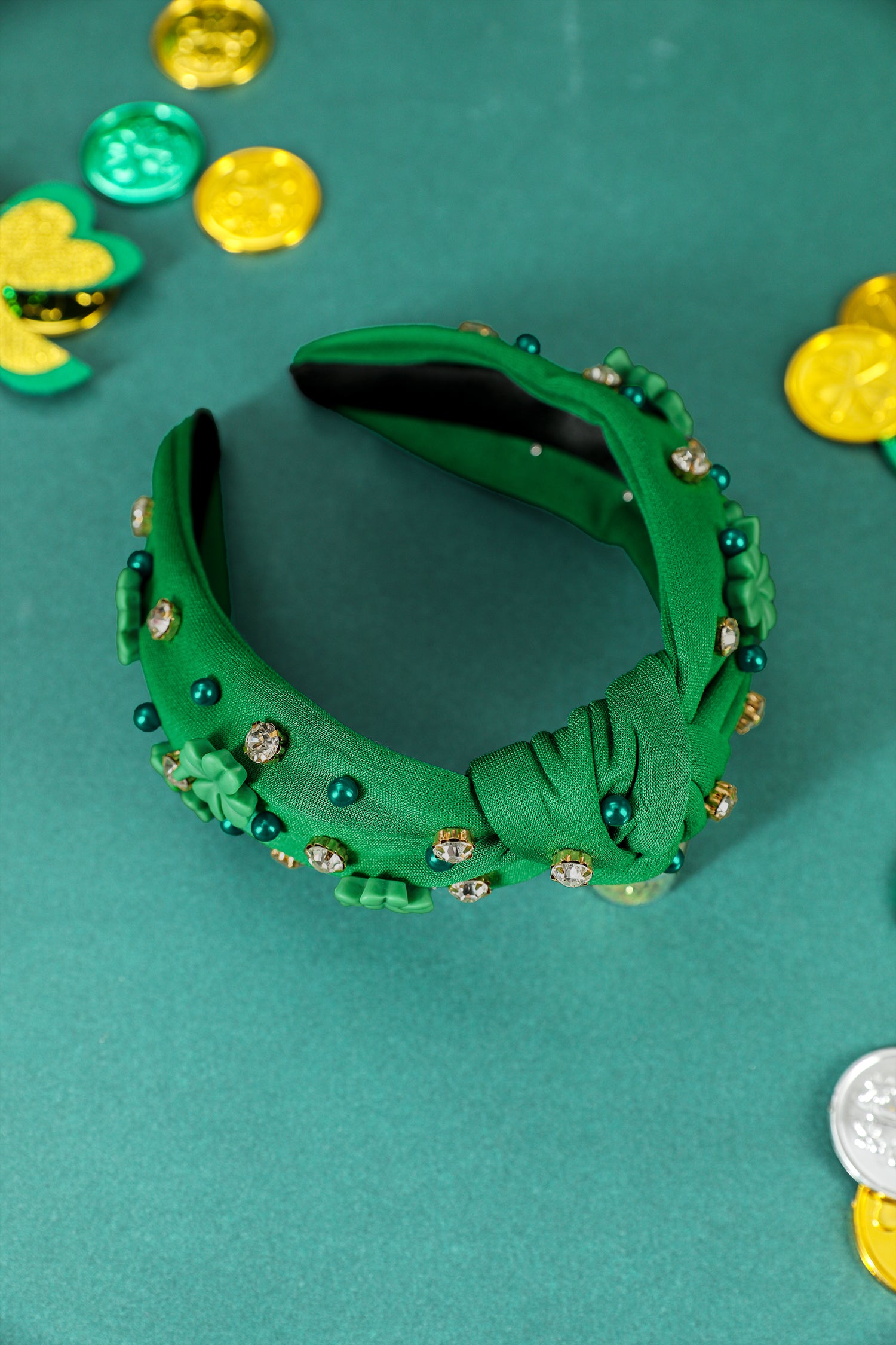 Dark Green Pearl Bead Rhinestone Embellished Lucky Clover Knotted Headband