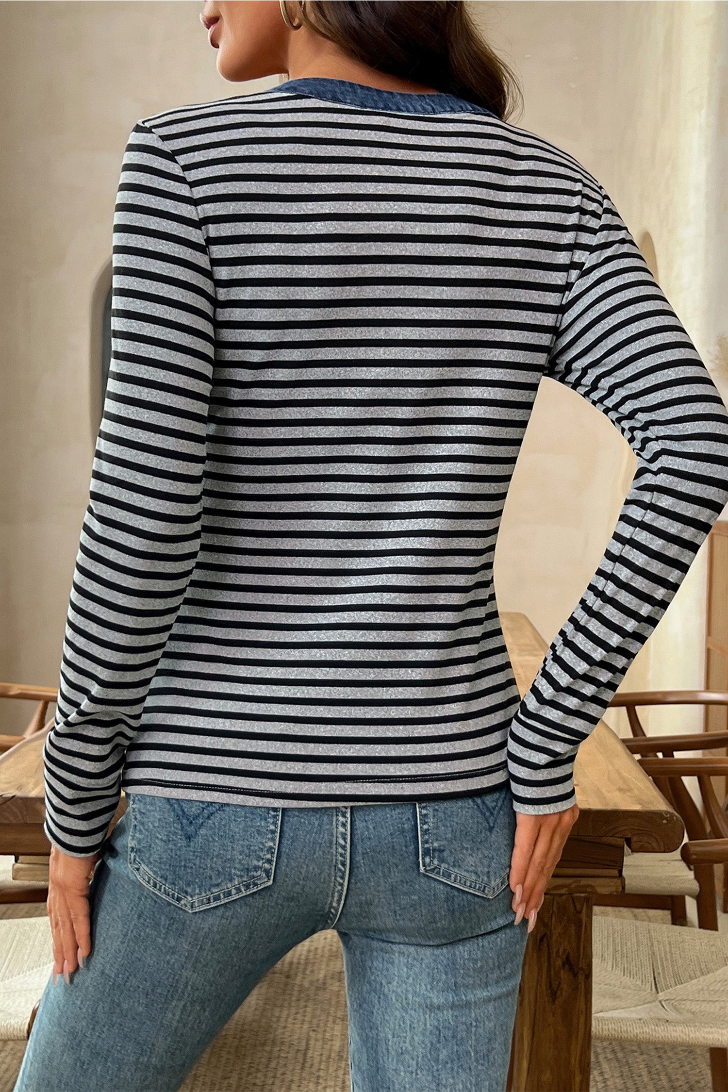 Gray Stripe Denim Contrast Collar Half Button Long Sleeve Top