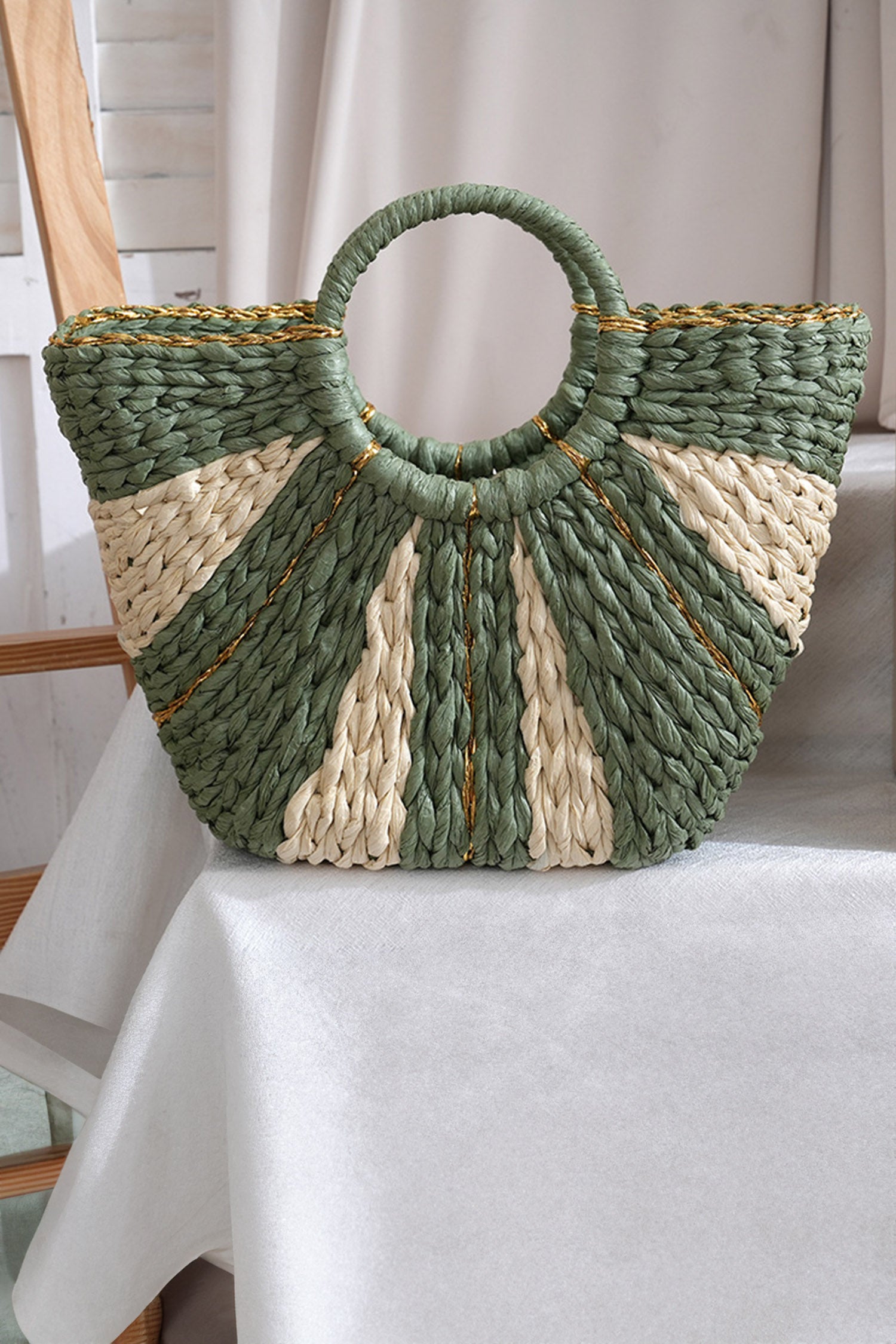 Guacamole Green Gold Trim Color Block Handwoven Straw Tote Bag