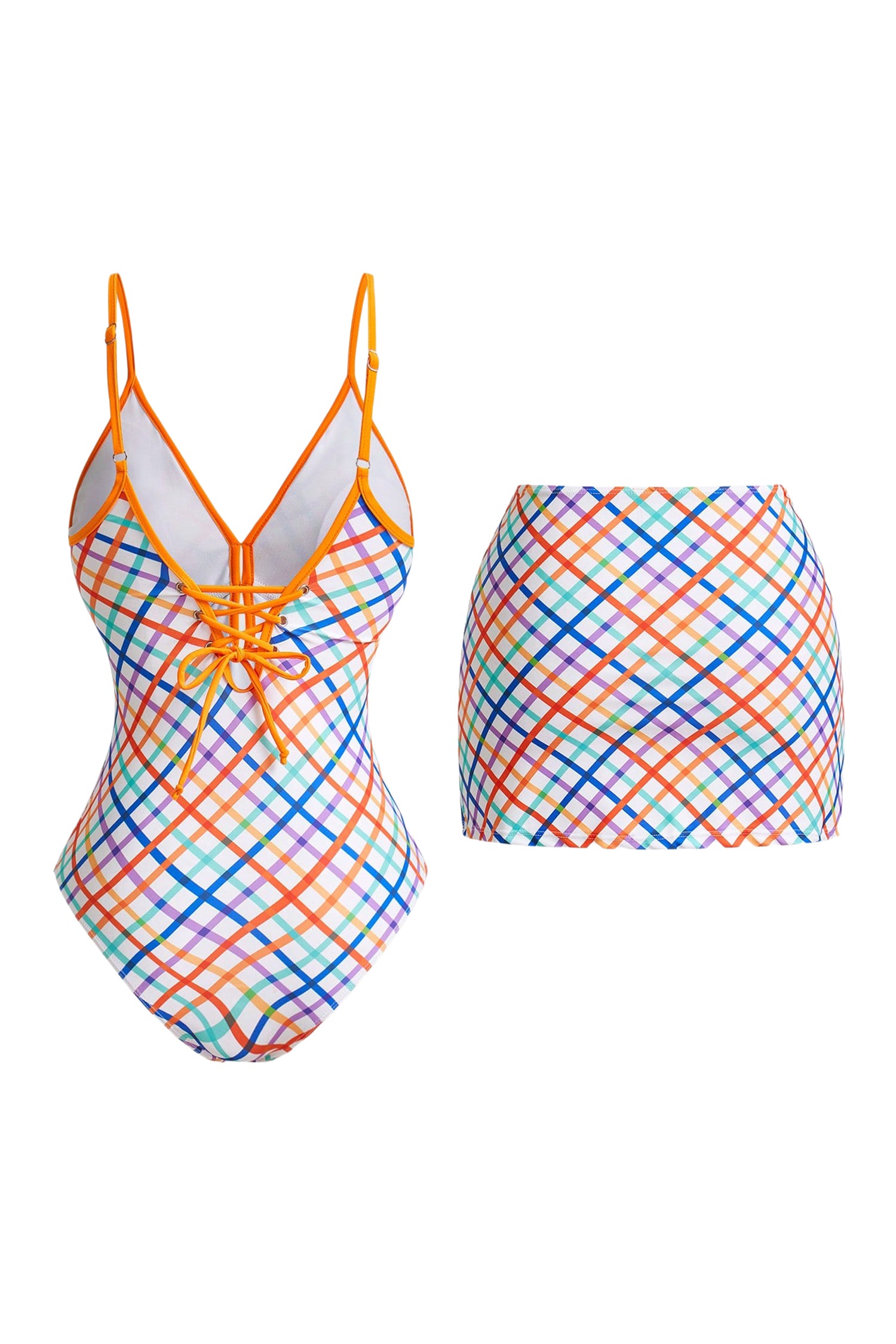 Yellow Plaid Spaghetti Straps Lace Up Pool Party Swim Set