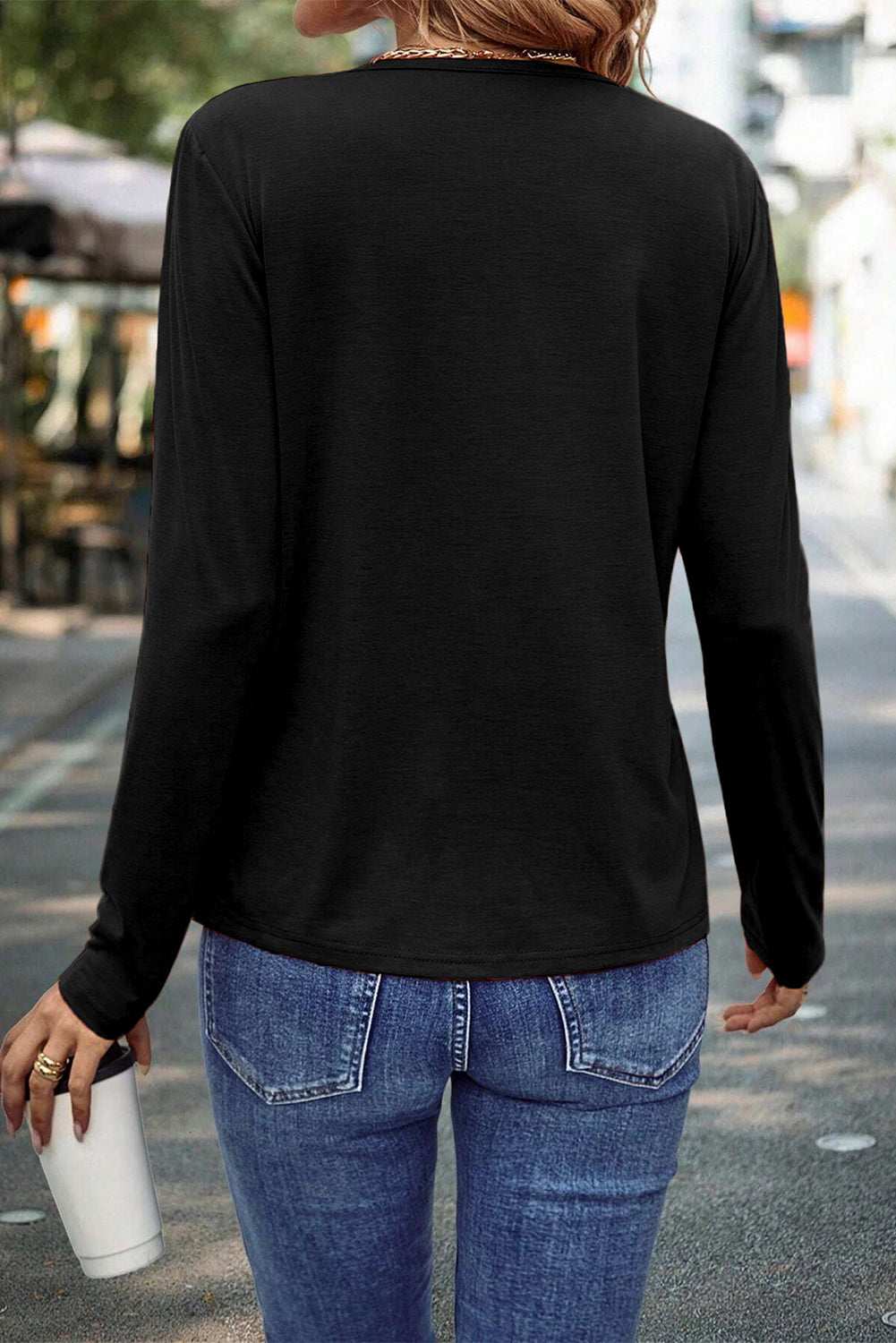 Black  Asymmetric Seam Detail Solid Color Long Sleeve Top